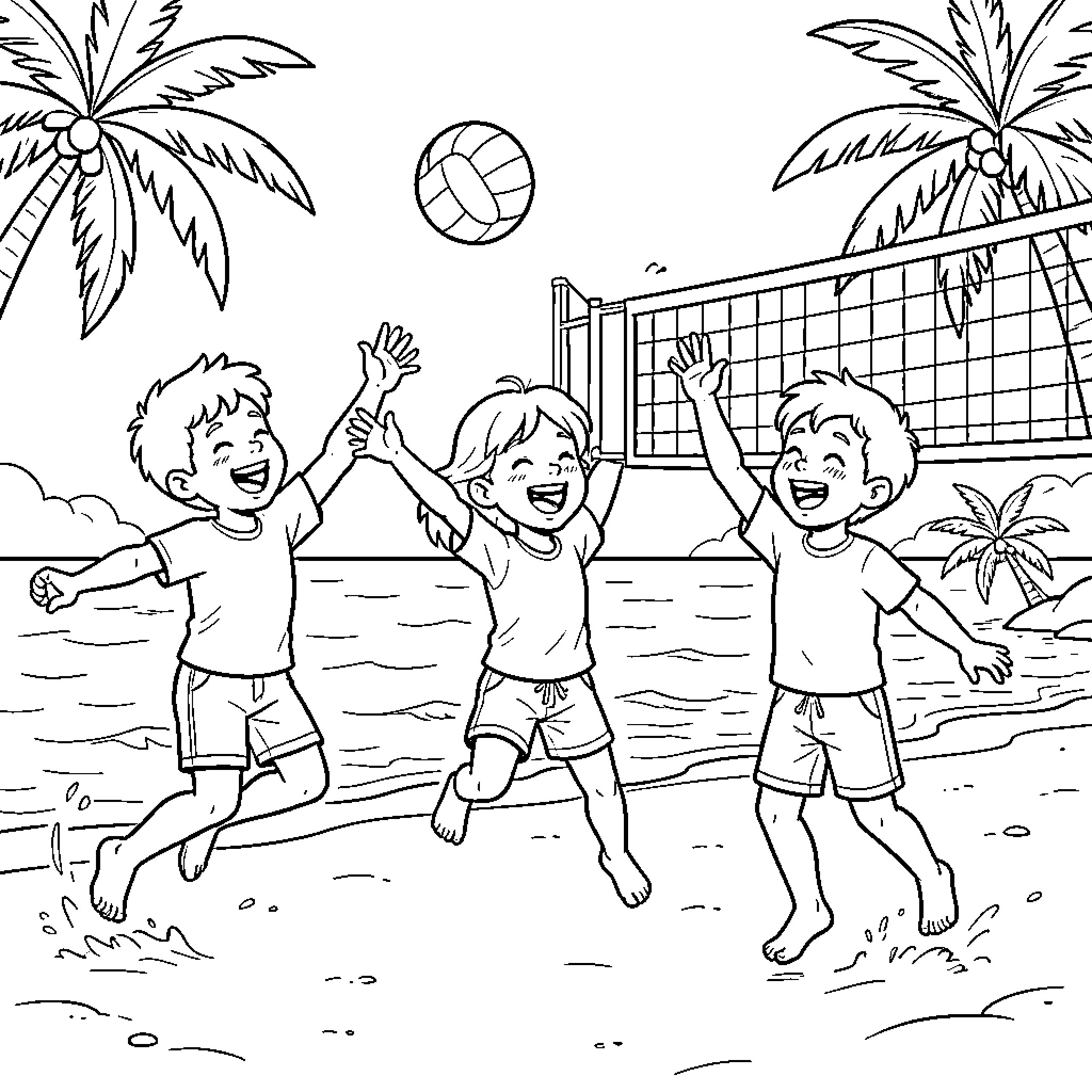 Kid playing volleyball on the beach Coloring Page (free black-and-white line drawing printable PDF for all, from beginners to advanced learners, including children, teens, adults, and seniors)