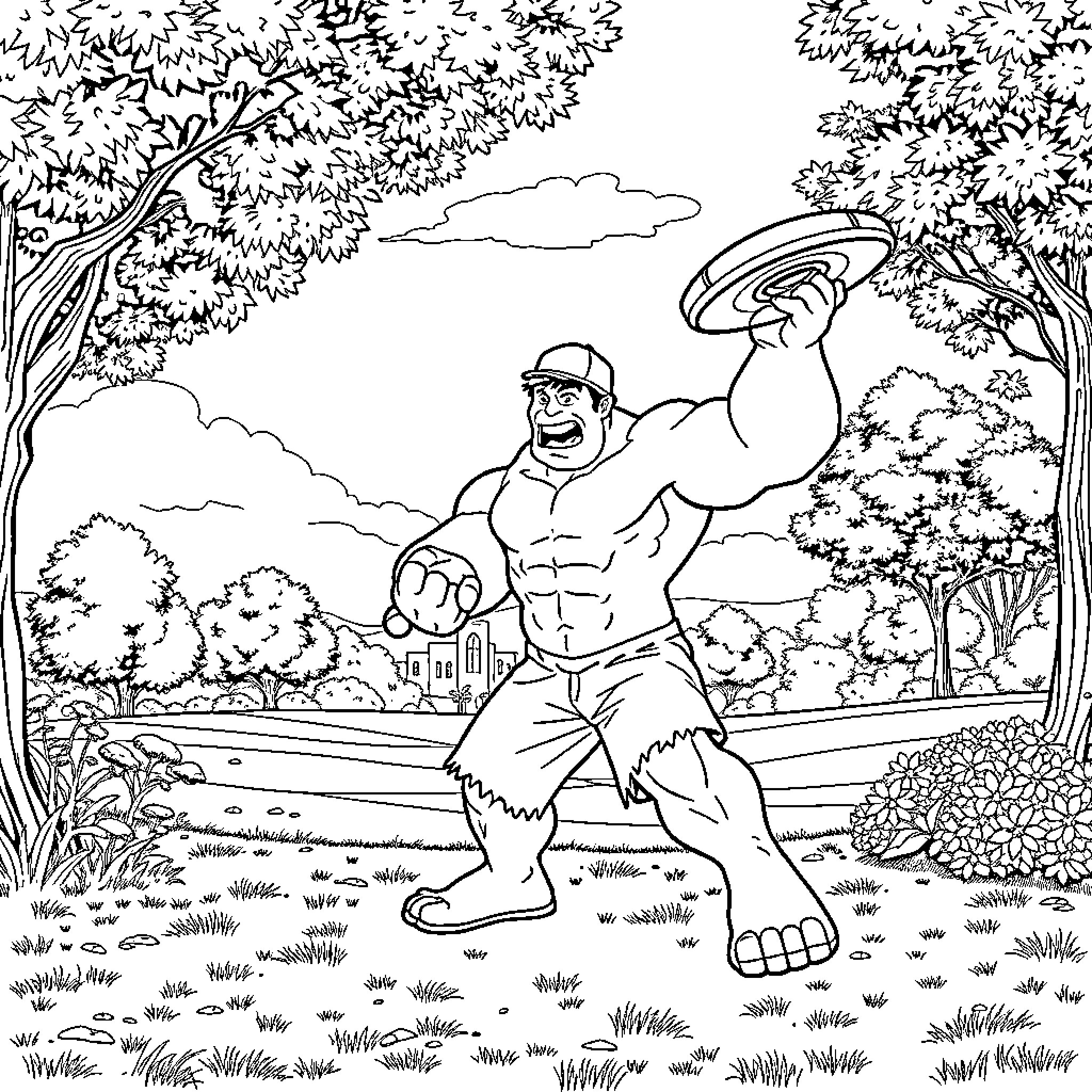 Hulk relaxing in serene forest landscape Coloring Page (free black-and-white line drawing printable PDF for all, from beginners to advanced learners, including children, teens, adults, and seniors)