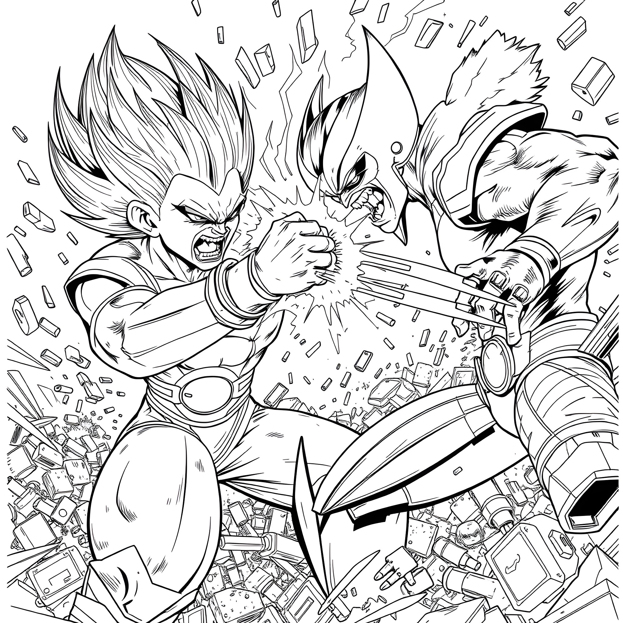 Vegeta's Powerful Charge Attack Coloring Page (free black-and-white line drawing printable PDF for all, from beginners to advanced learners, including children, teens, adults, and seniors)