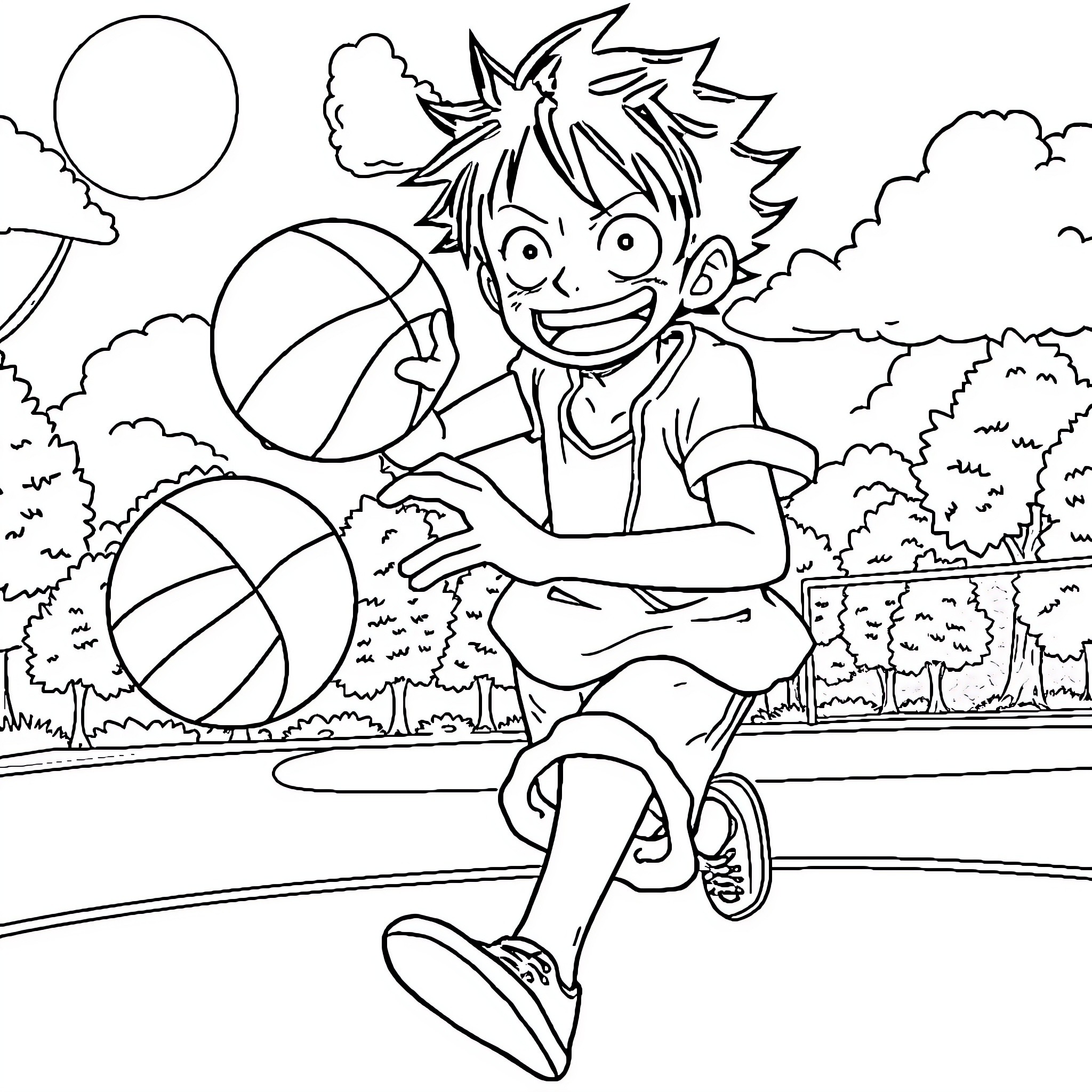 Luffy playing with basketballs in the park Coloring Page (free black-and-white line drawing printable PDF for all, from beginners to advanced learners, including children, teens, adults, and seniors)