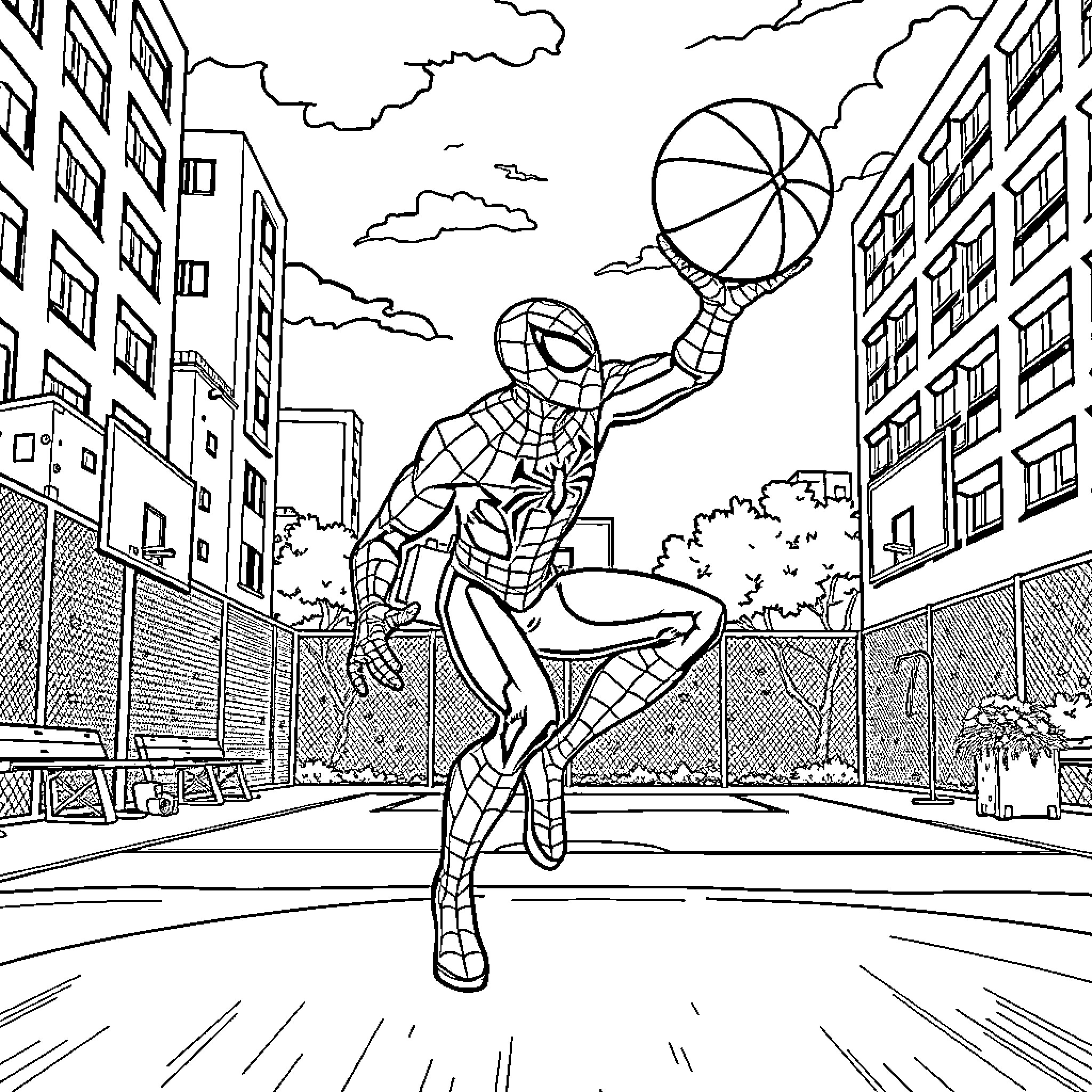 Spiderman swinging through the city with basketball Coloring Page (free black-and-white line drawing printable PDF for all, from beginners to advanced learners, including children, teens, adults, and seniors)