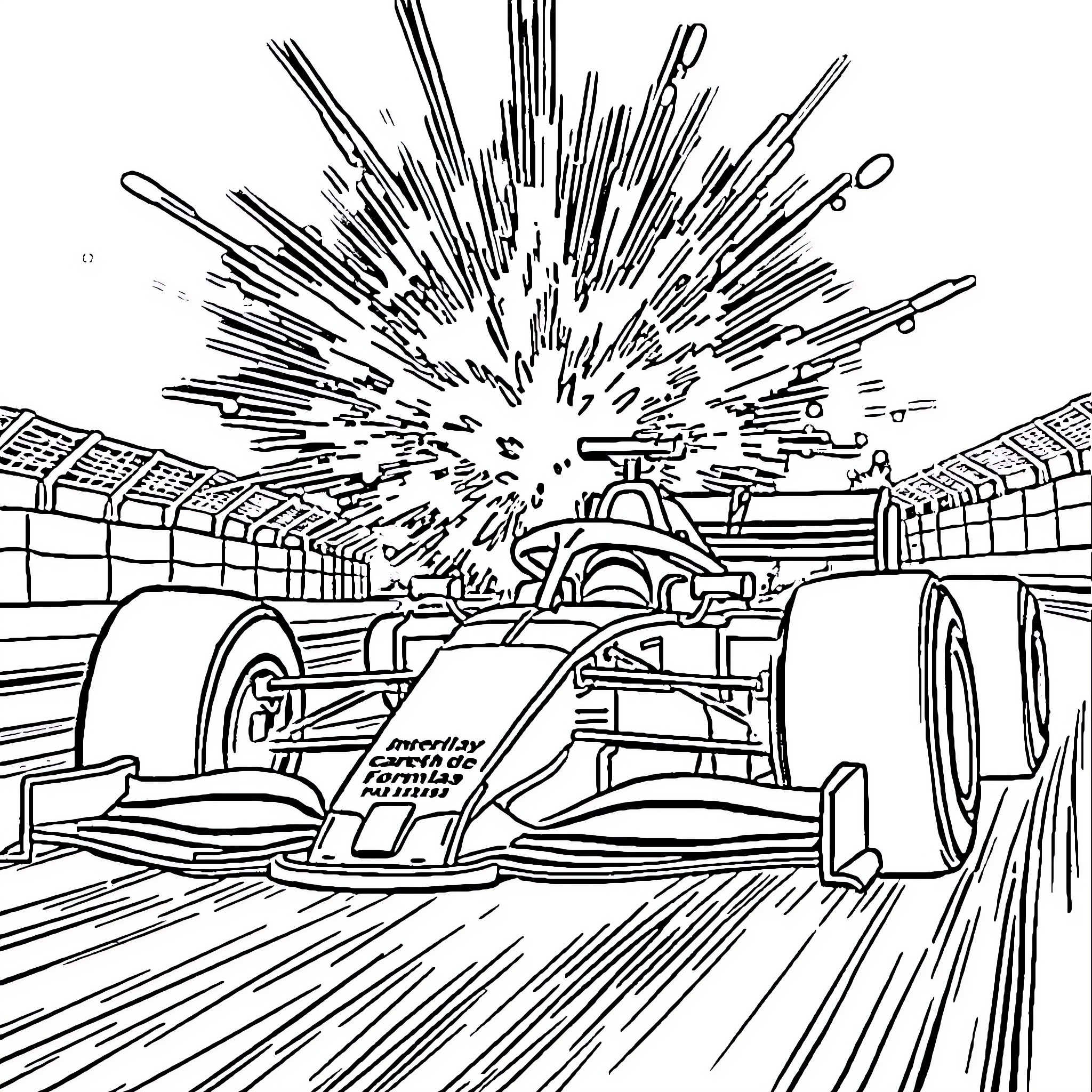 Formula 1 Race Car Speeding on the Track Coloring Page (free black-and-white line drawing printable PDF for all, from beginners to advanced learners, including children, teens, adults, and seniors)