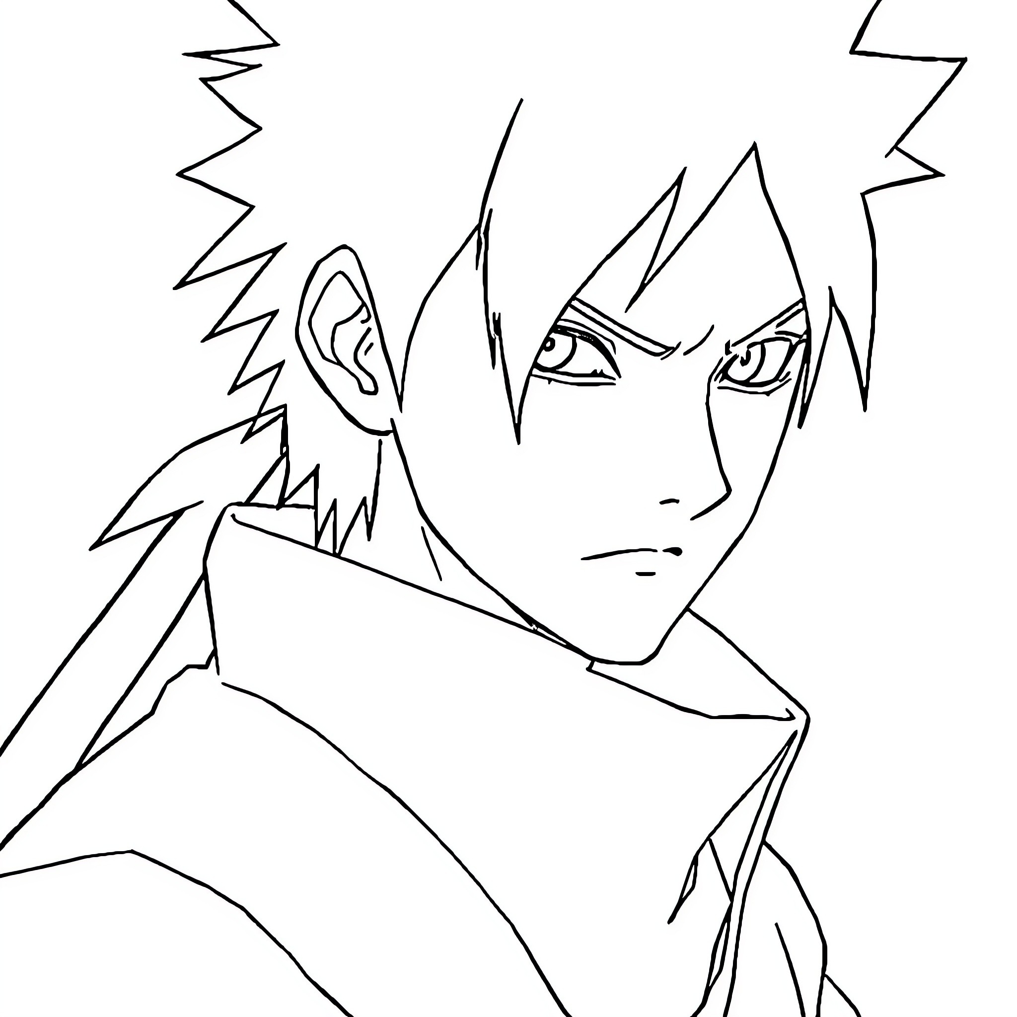 Sasuke Uchiha in intense battle stance Coloring Page (free black-and-white line drawing printable PDF for all, from beginners to advanced learners, including children, teens, adults, and seniors)