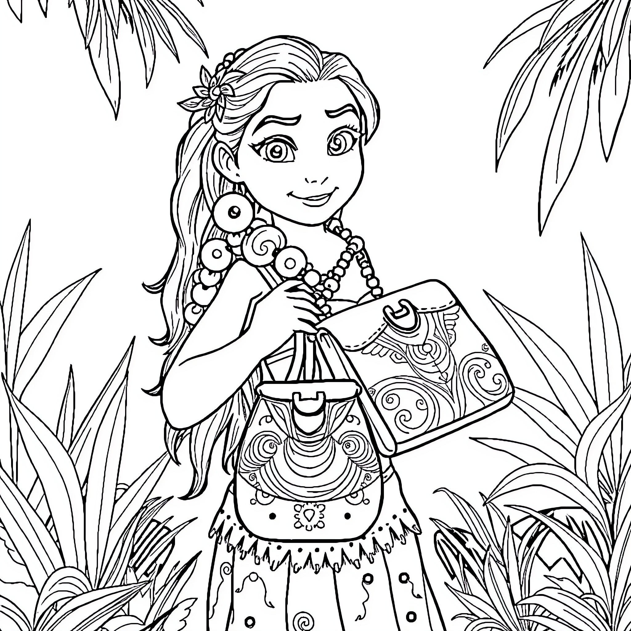 Moana exploring the lush tropical environment Coloring Page (free black-and-white line drawing printable PDF for all, from beginners to advanced learners, including children, teens, adults, and seniors)
