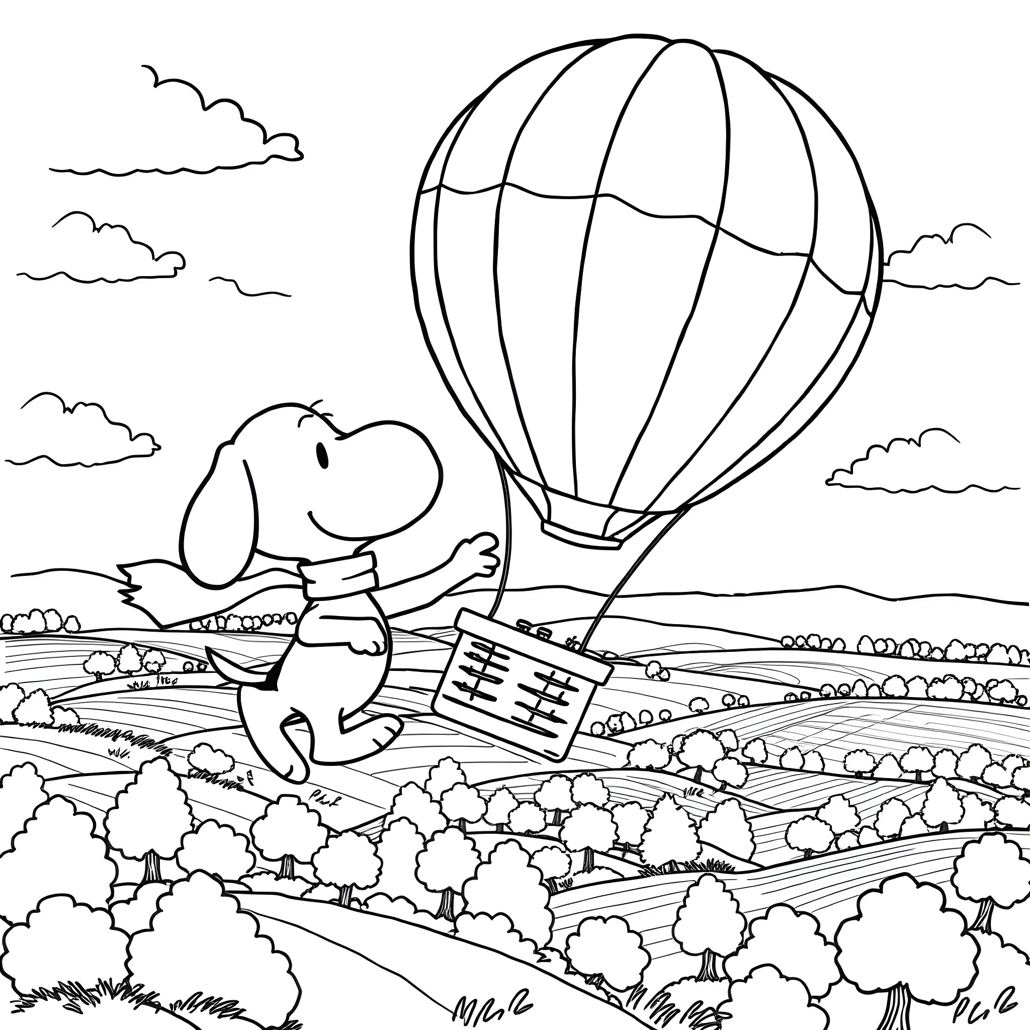 Snoopy enjoying a hot air balloon ride over the countryside Coloring Page (free black-and-white line drawing printable PDF for all, from beginners to advanced learners, including children, teens, adults, and seniors)