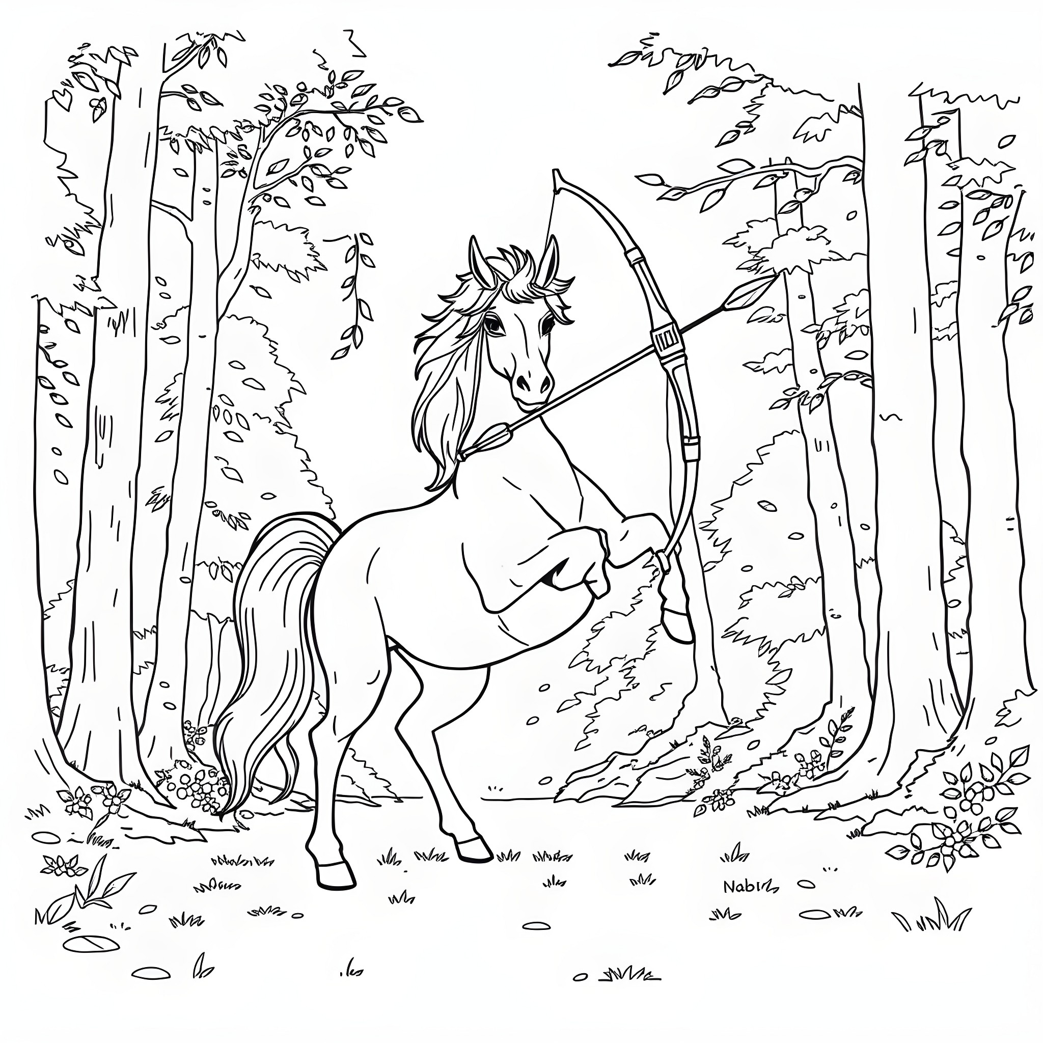Centaur archer in the enchanted forest Coloring Page (free black-and-white line drawing printable PDF for all, from beginners to advanced learners, including children, teens, adults, and seniors)