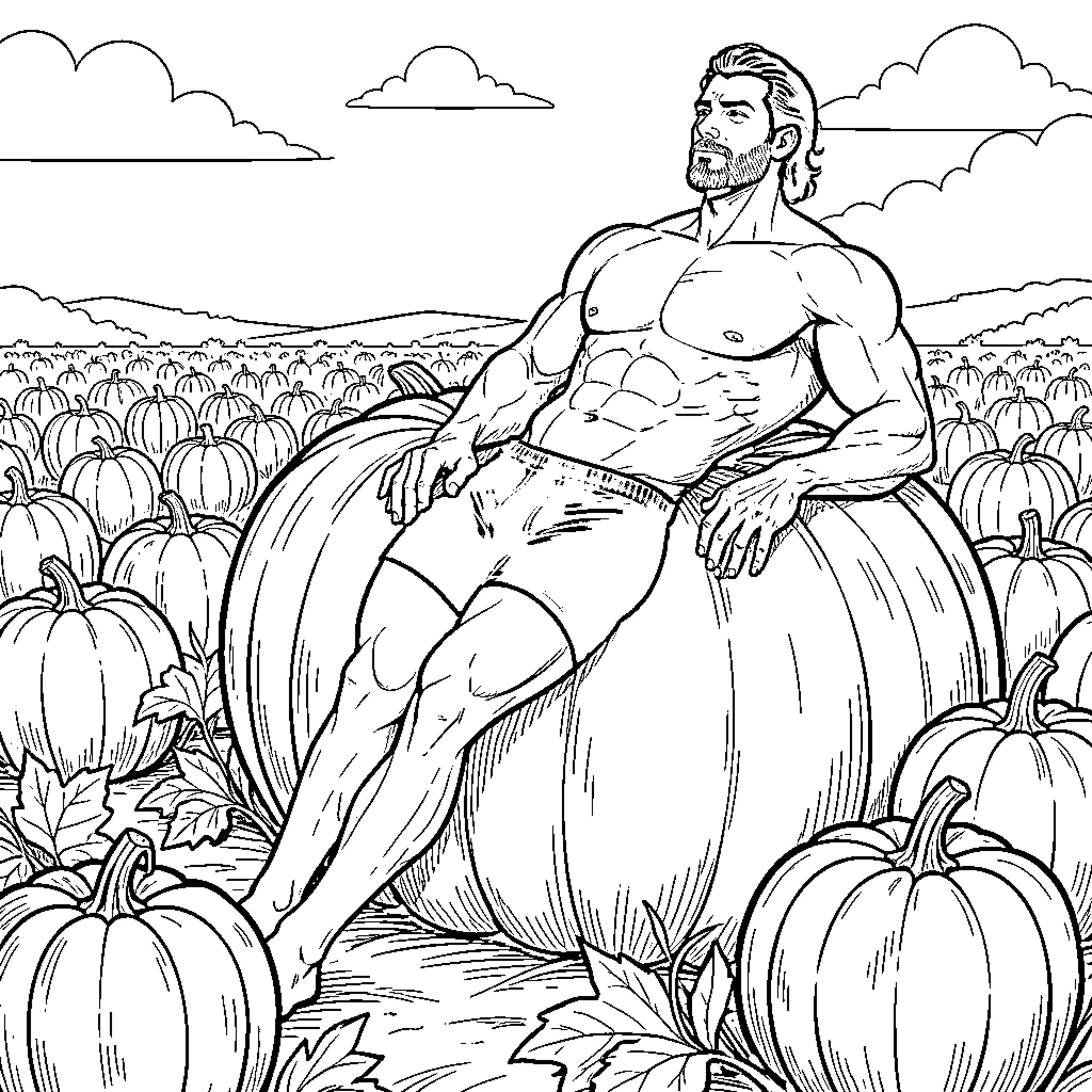 Man sitting shirtless amidst a large pumpkin patch Coloring Page (free black-and-white line drawing printable PDF for all, from beginners to advanced learners, including children, teens, adults, and seniors)