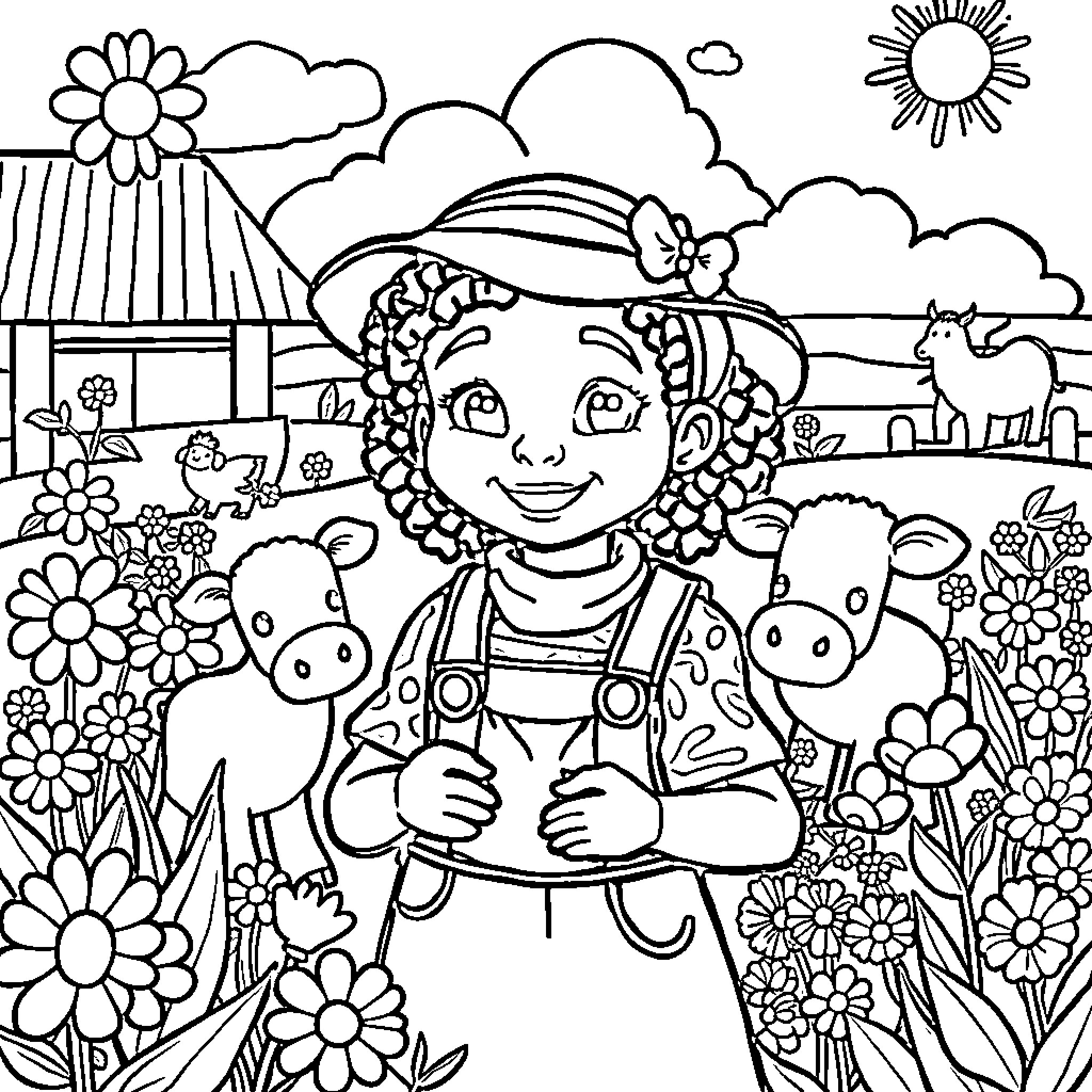 Girl tending to farm animals in a vibrant garden Coloring Page (free black-and-white line drawing printable PDF for all, from beginners to advanced learners, including children, teens, adults, and seniors)