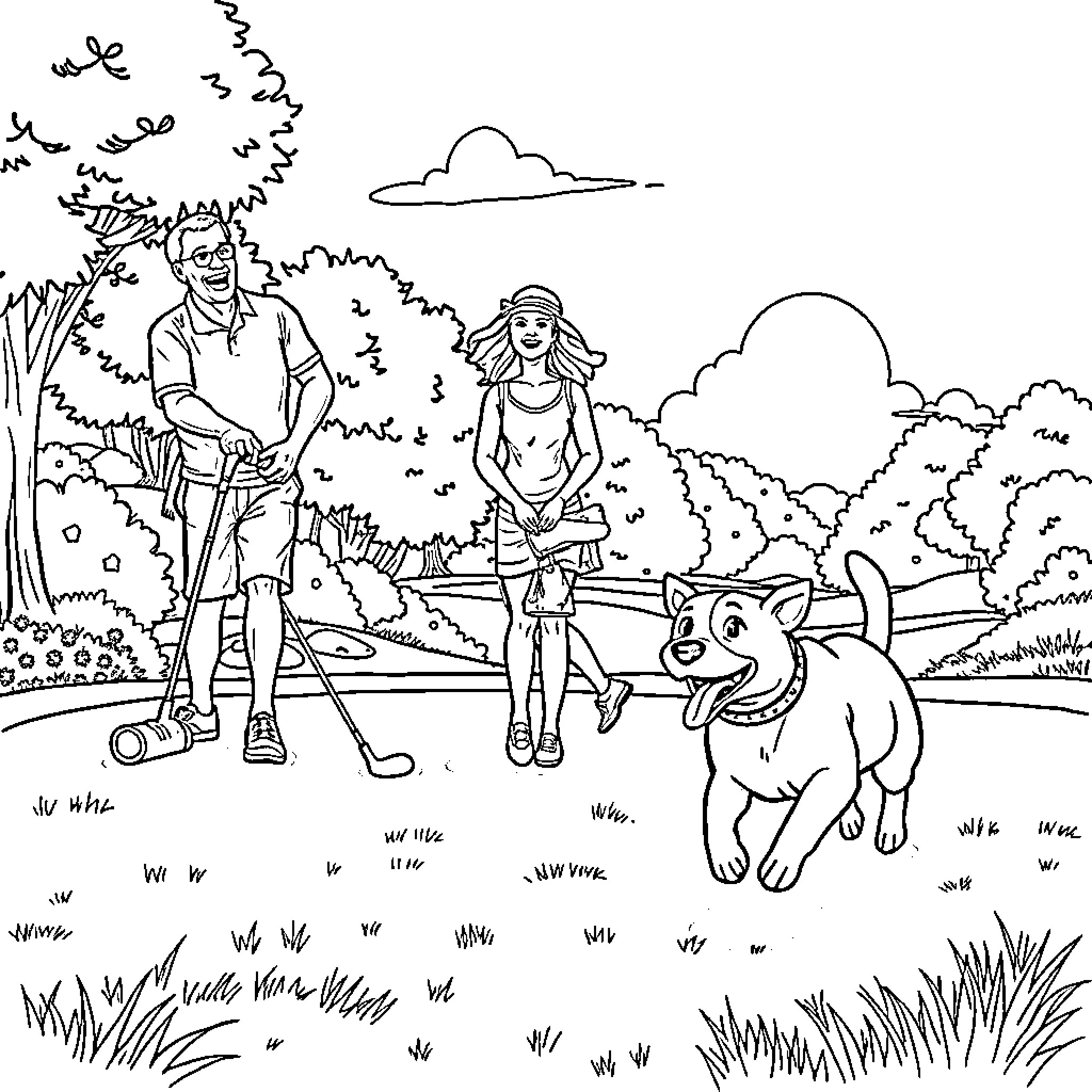 Dog romping happily with family in the park Coloring Page (free black-and-white line drawing printable PDF for all, from beginners to advanced learners, including children, teens, adults, and seniors)