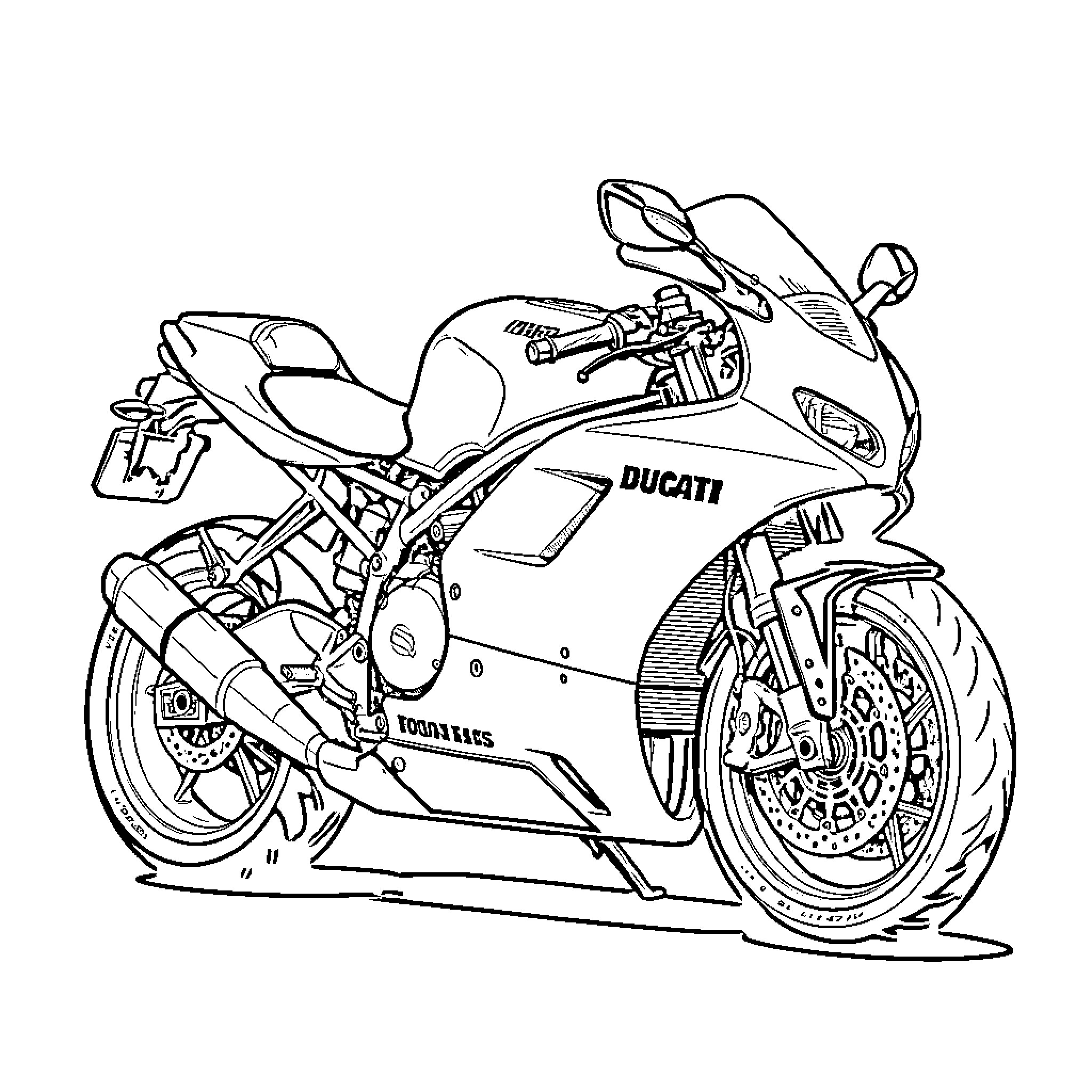 Ducati superbike racer in action Coloring Page (free black-and-white line drawing printable PDF for all, from beginners to advanced learners, including children, teens, adults, and seniors)