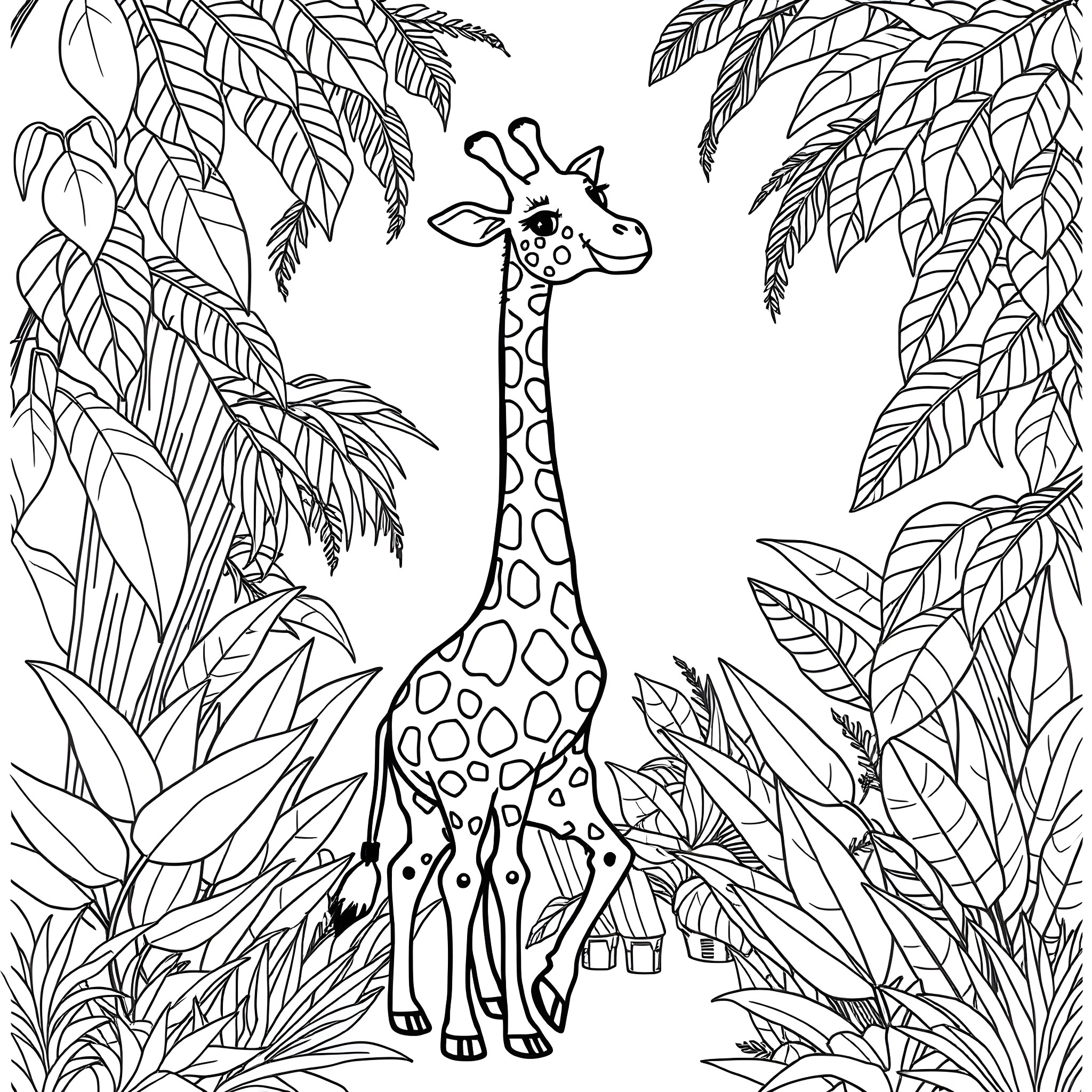Giraffe standing amidst lush tropical foliage Coloring Page (free black-and-white line drawing printable PDF for all, from beginners to advanced learners, including children, teens, adults, and seniors)