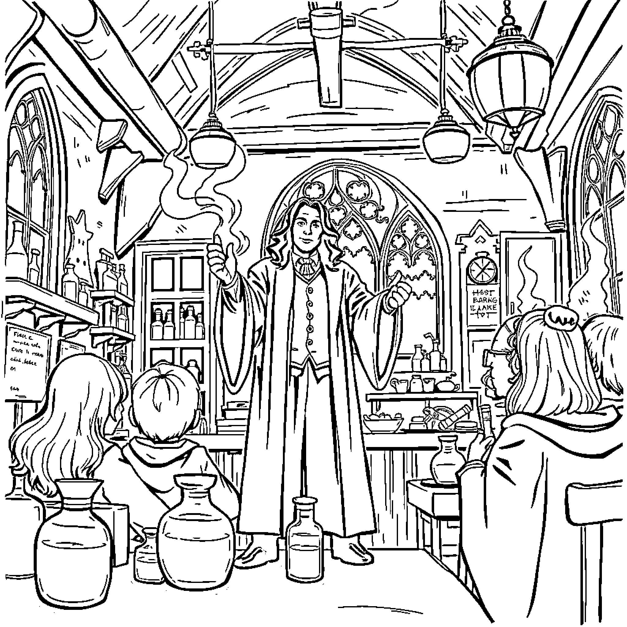 Professor Snape in a Potions Classroom Coloring Page (free black-and-white line drawing printable PDF for all, from beginners to advanced learners, including children, teens, adults, and seniors)