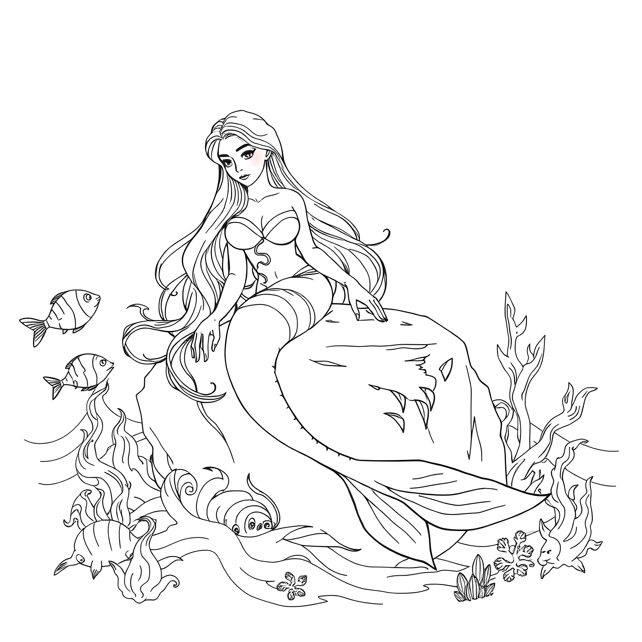 Mermaid lounging amidst marine life Coloring Page (free black-and-white line drawing printable PDF for all, from beginners to advanced learners, including children, teens, adults, and seniors)