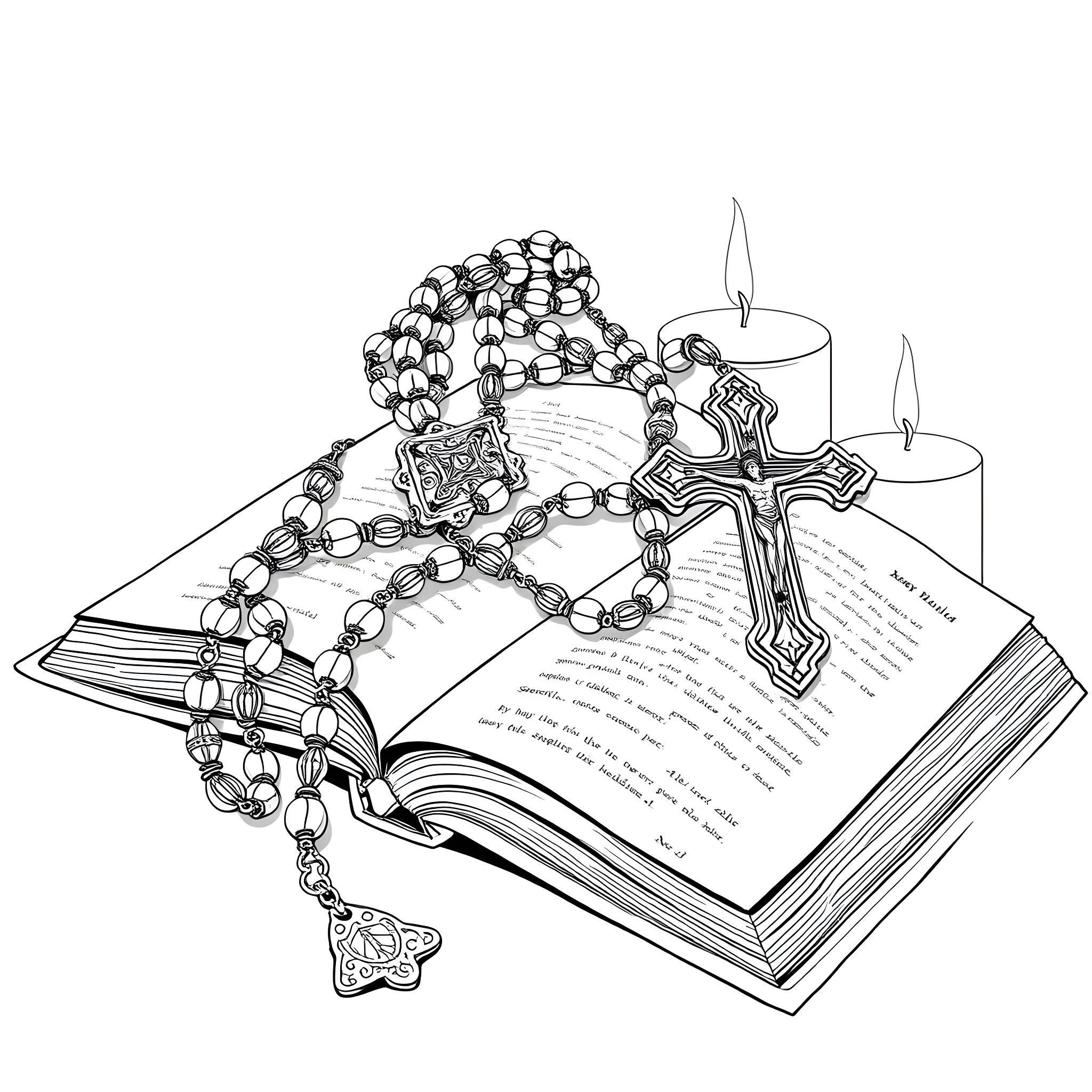 Rosary beads and cross on open Bible Coloring Page (free black-and-white line drawing printable PDF for all, from beginners to advanced learners, including children, teens, adults, and seniors)