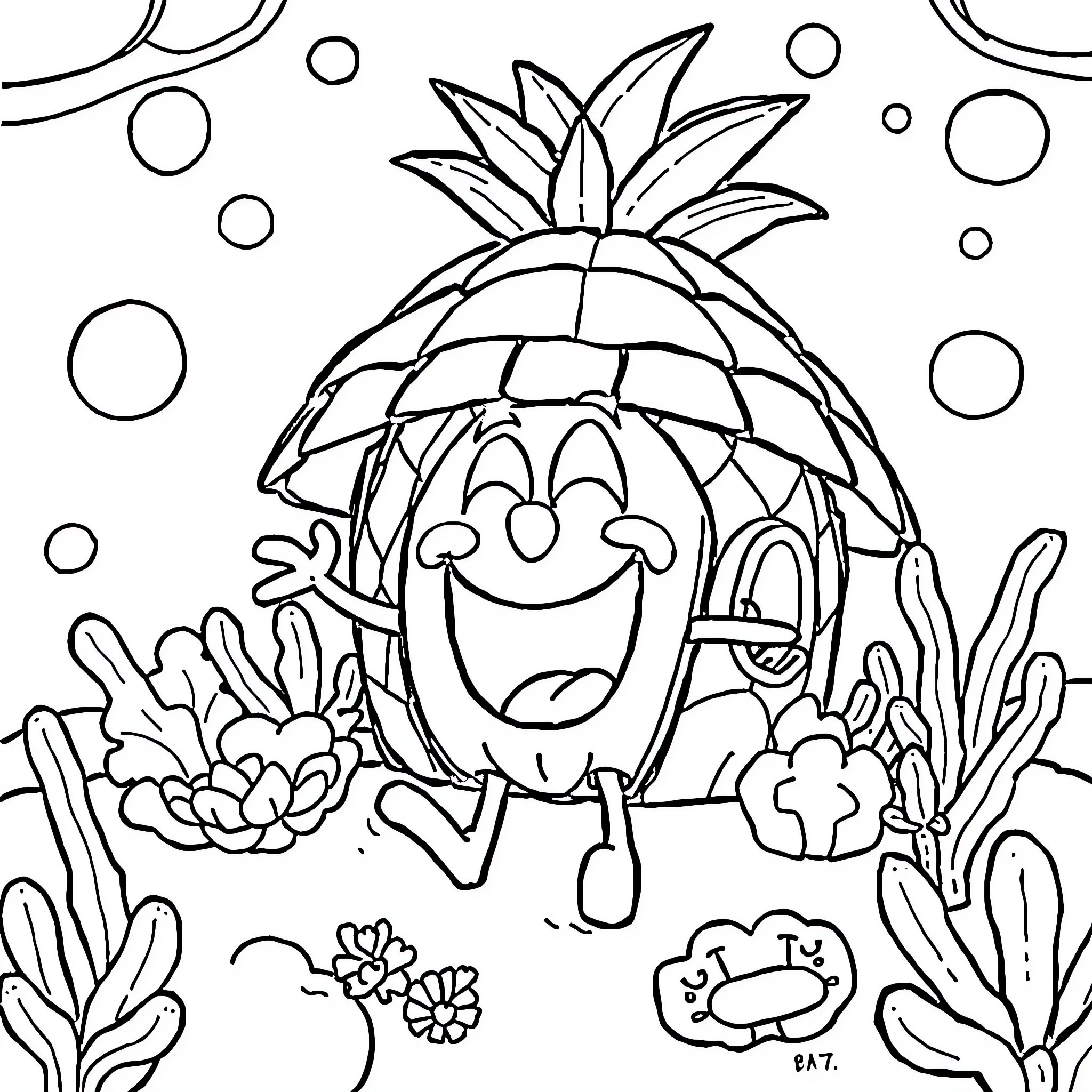 Spongebob in a tropical pineapple house with flowers Coloring Page (free black-and-white line drawing printable PDF for all, from beginners to advanced learners, including children, teens, adults, and seniors)