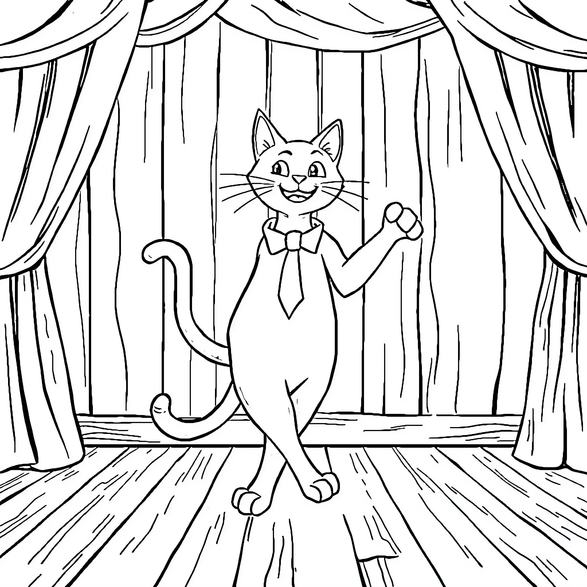 Cat performing on stage Coloring Page (free black-and-white line drawing printable PDF for all, from beginners to advanced learners, including children, teens, adults, and seniors)