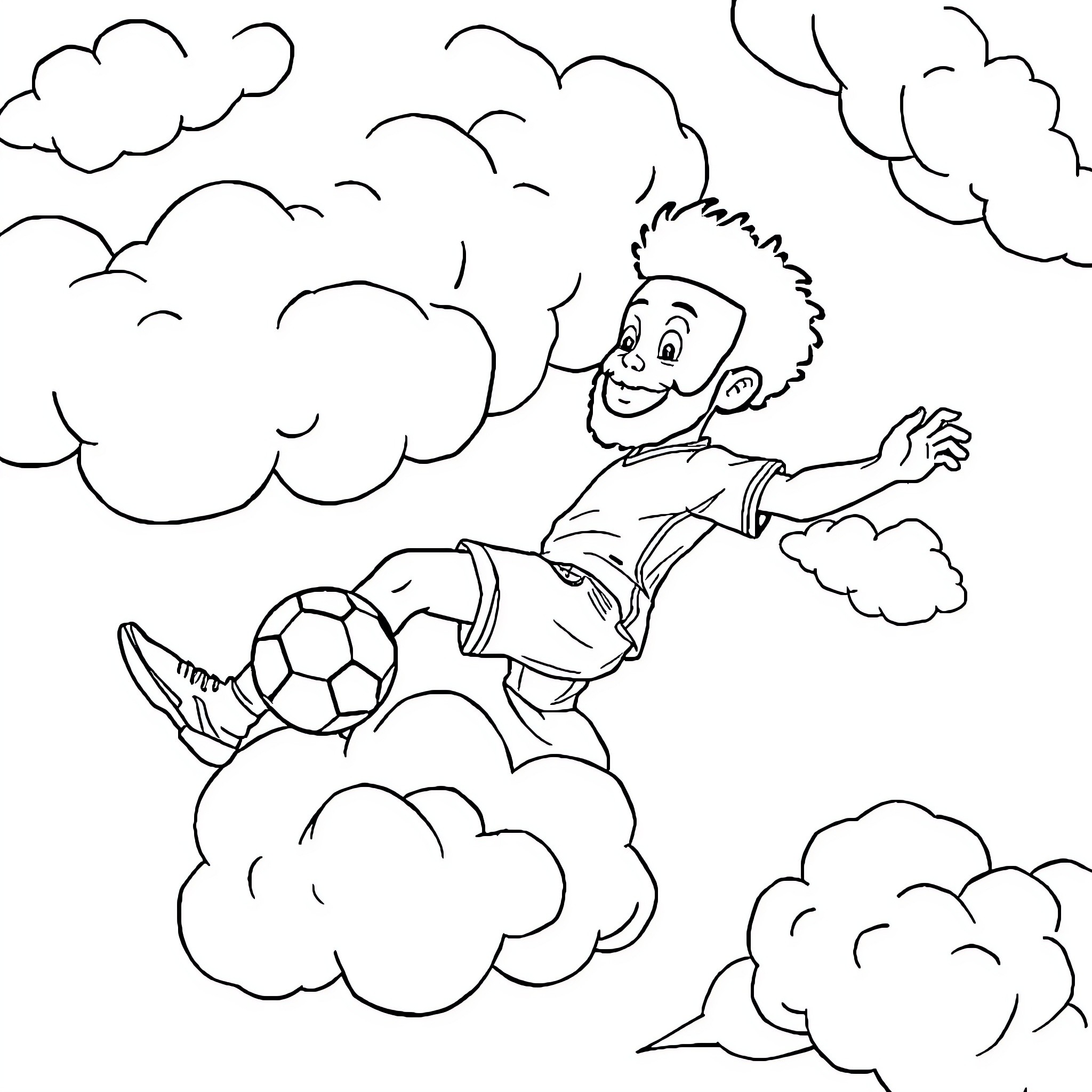 Lamine Yamal playing with a soccer ball among the clouds Coloring Page (free black-and-white line drawing printable PDF for all, from beginners to advanced learners, including children, teens, adults, and seniors)