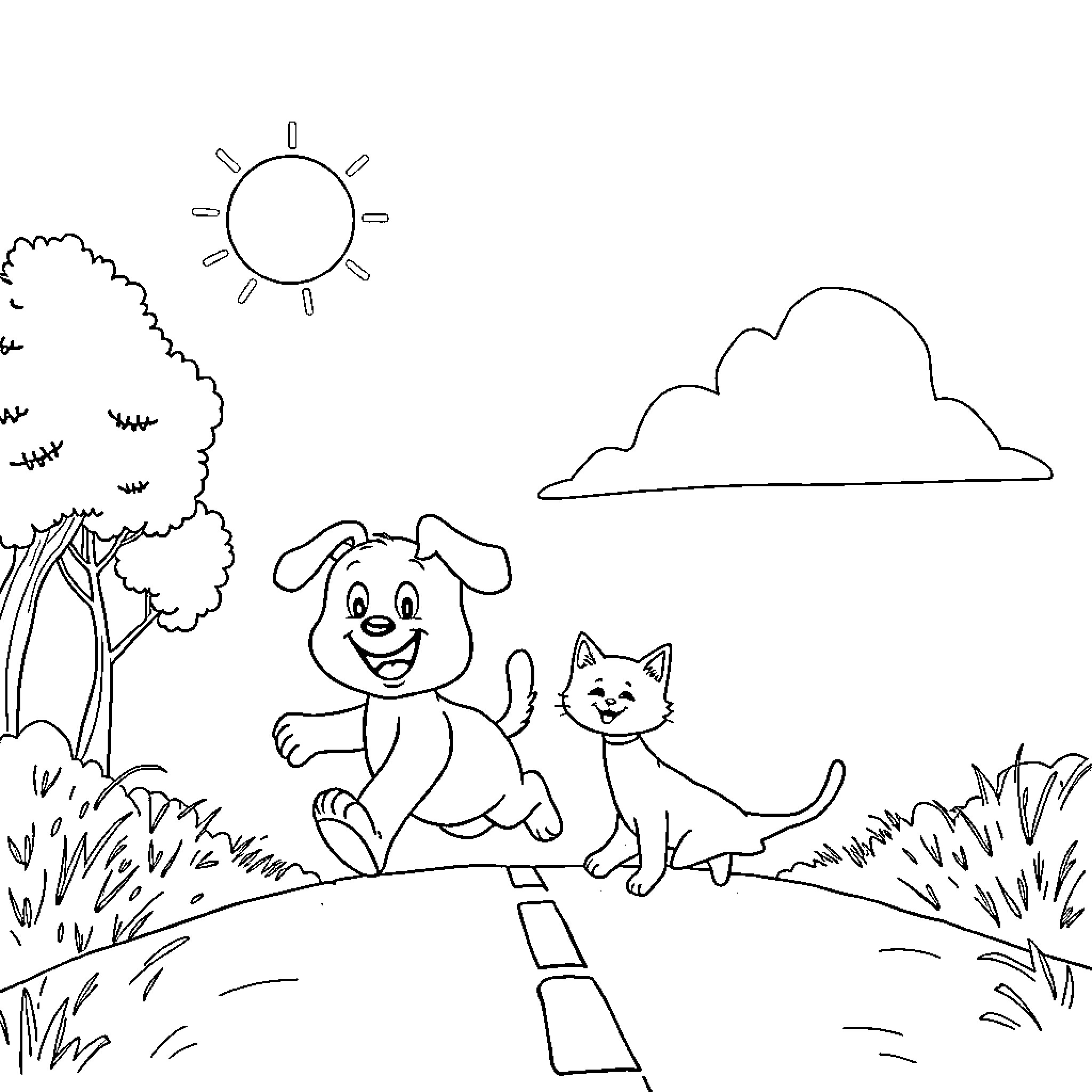 Puppy and cat playing together outdoors Coloring Page (free black-and-white line drawing printable PDF for all, from beginners to advanced learners, including children, teens, adults, and seniors)