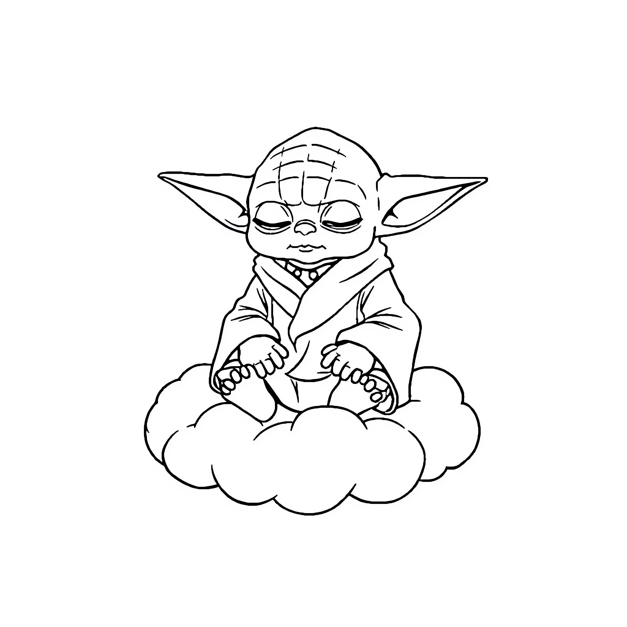 Yoda meditating peacefully on a cloud Coloring Page (free black-and-white line drawing printable PDF for all, from beginners to advanced learners, including children, teens, adults, and seniors)