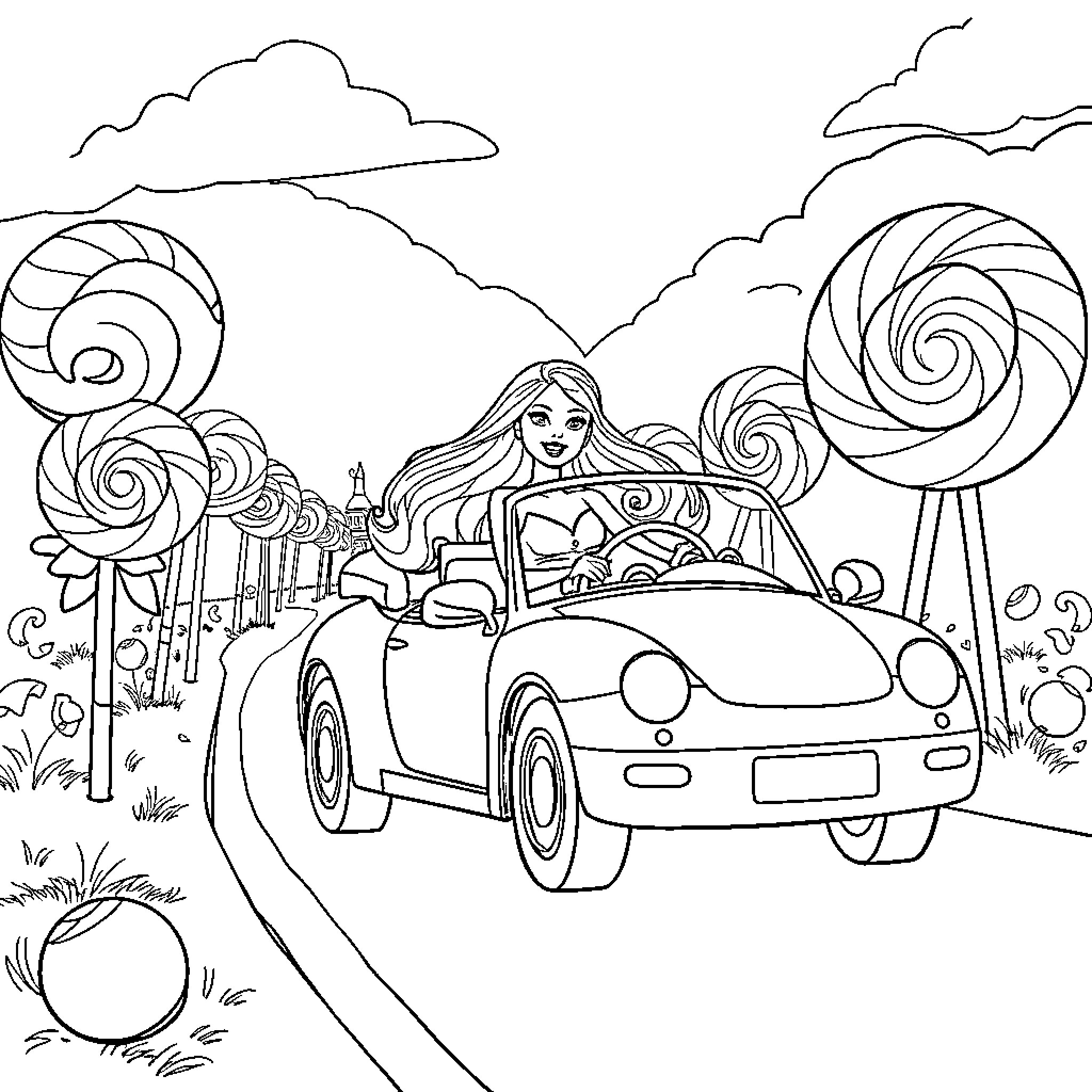 Barbie driving a car through a whimsical landscape Coloring Page (free black-and-white line drawing printable PDF for all, from beginners to advanced learners, including children, teens, adults, and seniors)