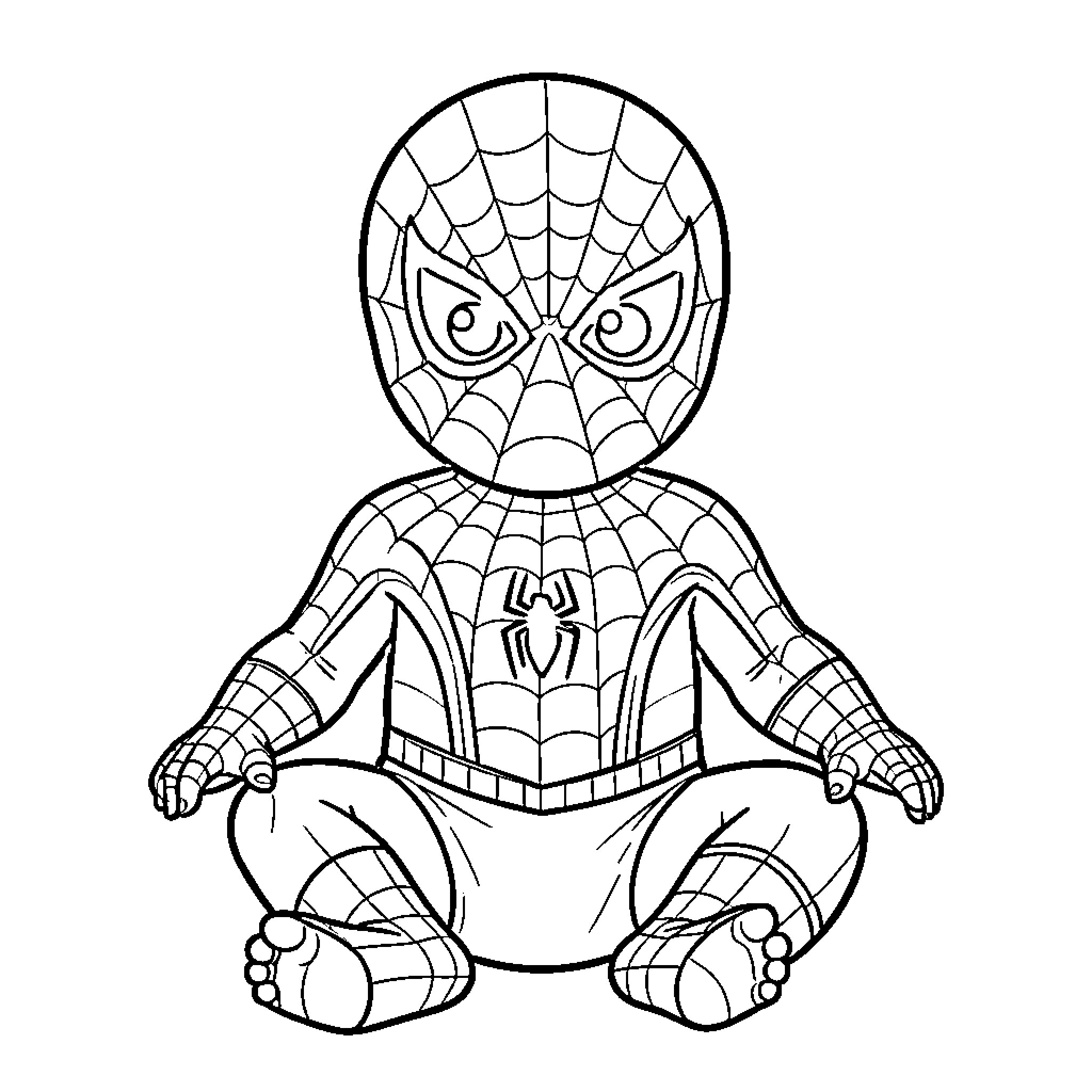 Baby Spiderman sitting in a heroic pose Coloring Page (free black-and-white line drawing printable PDF for all, from beginners to advanced learners, including children, teens, adults, and seniors)