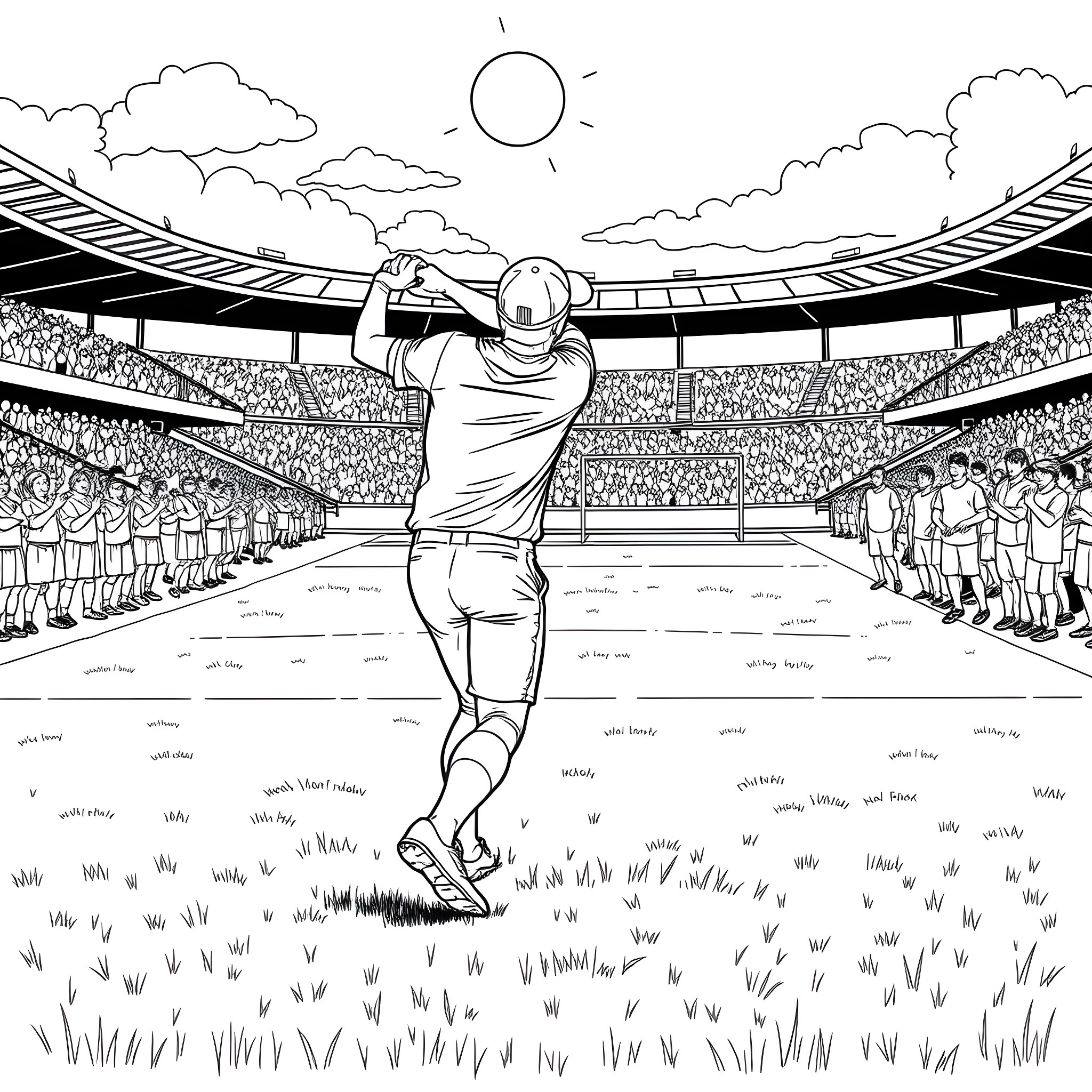 Hurling Player in Action on the Field Coloring Page (free black-and-white line drawing printable PDF for all, from beginners to advanced learners, including children, teens, adults, and seniors)