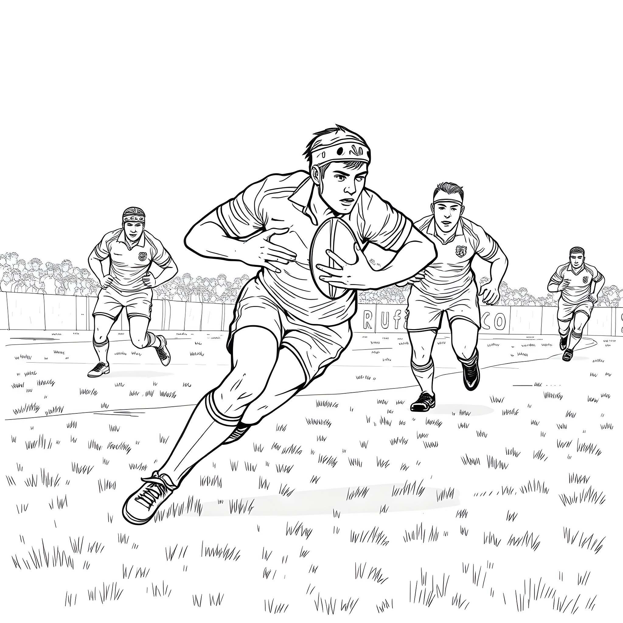 Rugby Players Engaged in Intense Match on the Field Coloring Page (free black-and-white line drawing printable PDF for all, from beginners to advanced learners, including children, teens, adults, and seniors)