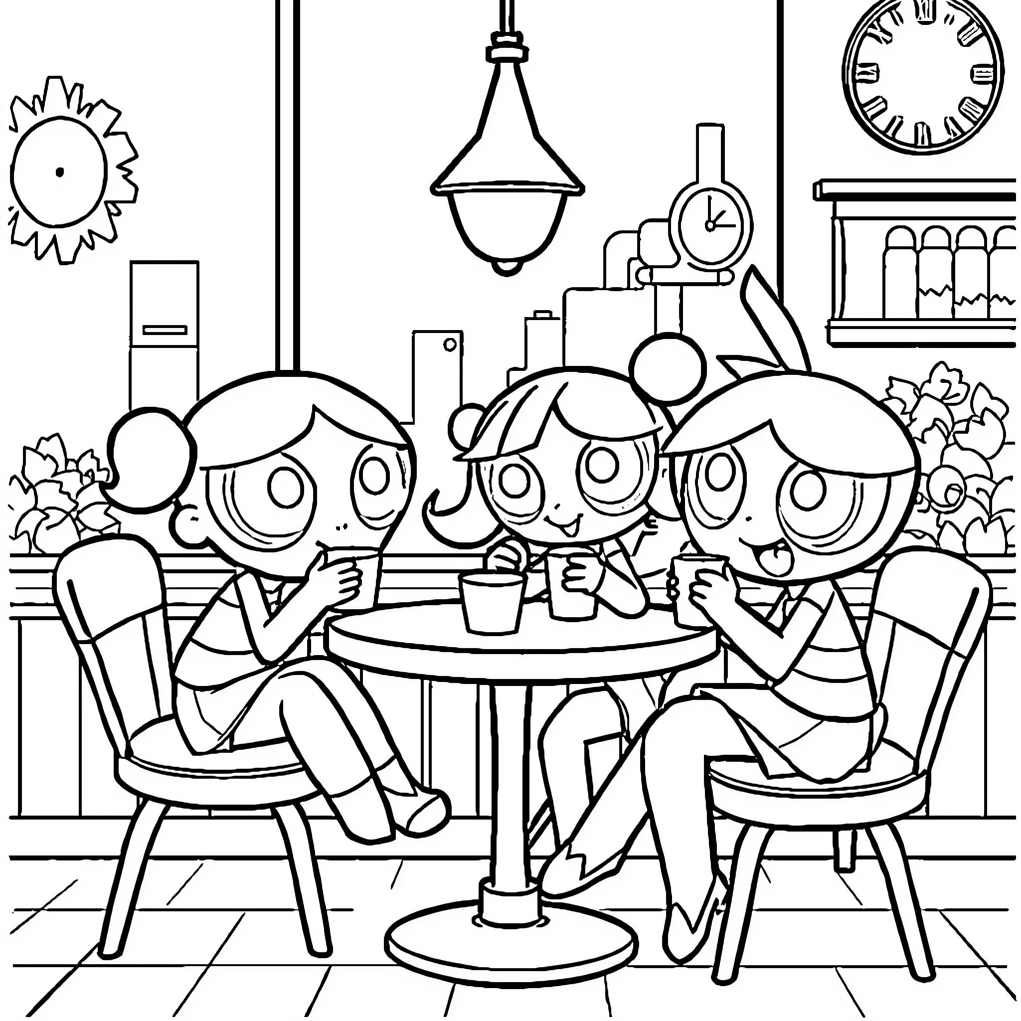 Powerpuff Girls enjoying time together in a cozy cafe Coloring Page (free black-and-white line drawing printable PDF for all, from beginners to advanced learners, including children, teens, adults, and seniors)