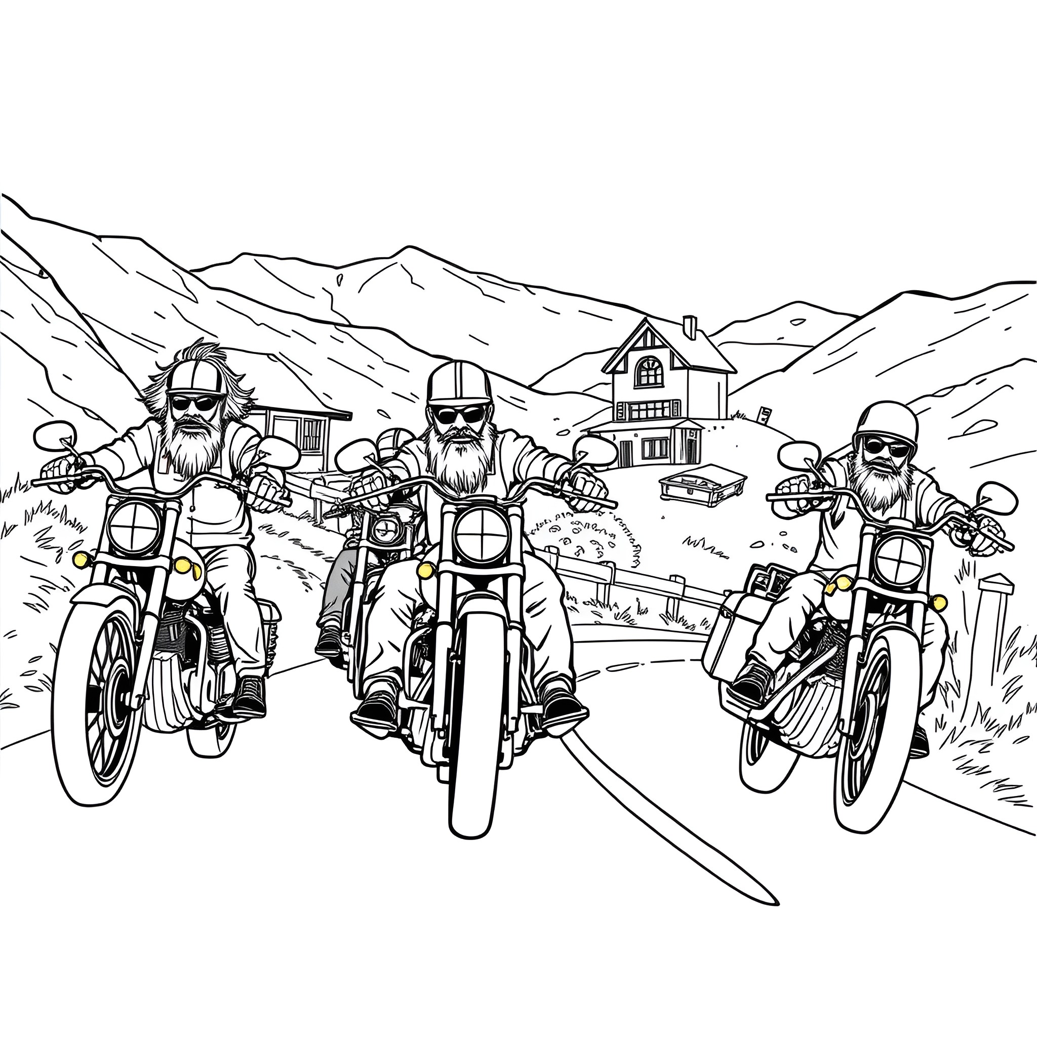 Biker gang riding through the mountains Coloring Page (free black-and-white line drawing printable PDF for all, from beginners to advanced learners, including children, teens, adults, and seniors)