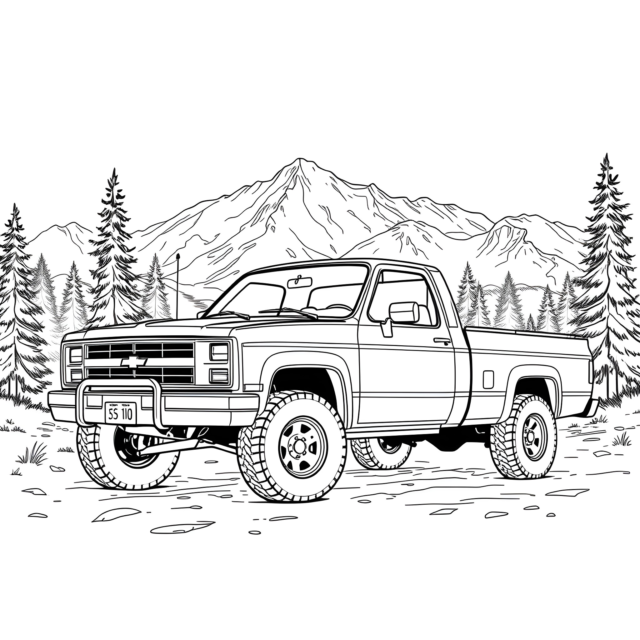 Truck Traversing Through the Rugged Mountain Terrain Coloring Page (free black-and-white line drawing printable PDF for all, from beginners to advanced learners, including children, teens, adults, and seniors)