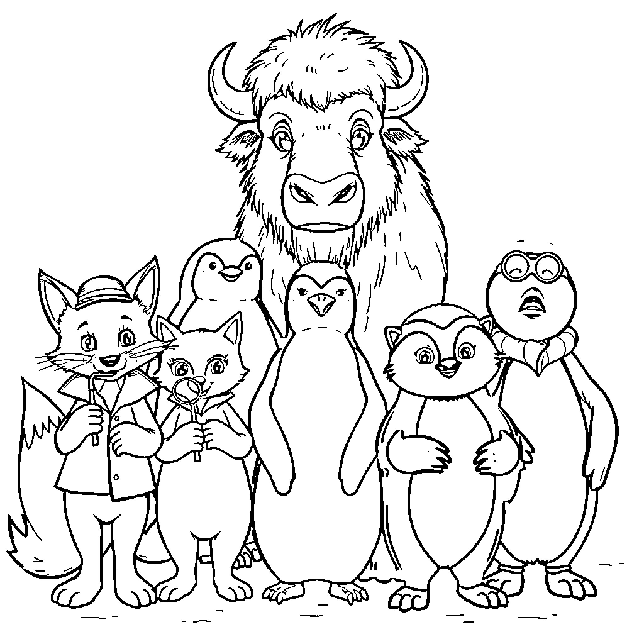 Animal characters in an illustrated group scene Coloring Page (free black-and-white line drawing printable PDF for all, from beginners to advanced learners, including children, teens, adults, and seniors)