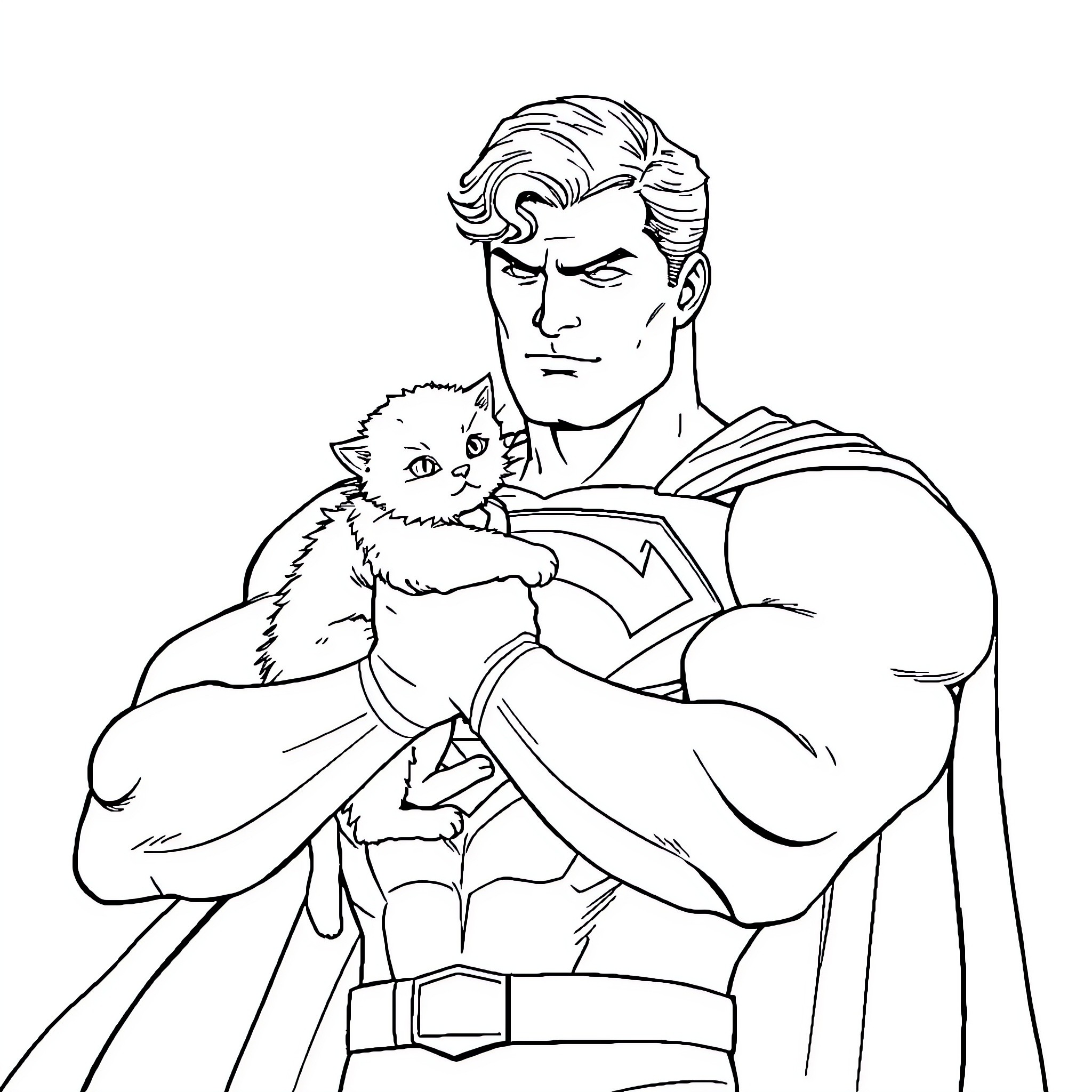 Superman protects a small kitten from danger Coloring Page (free black-and-white line drawing printable PDF for all, from beginners to advanced learners, including children, teens, adults, and seniors)