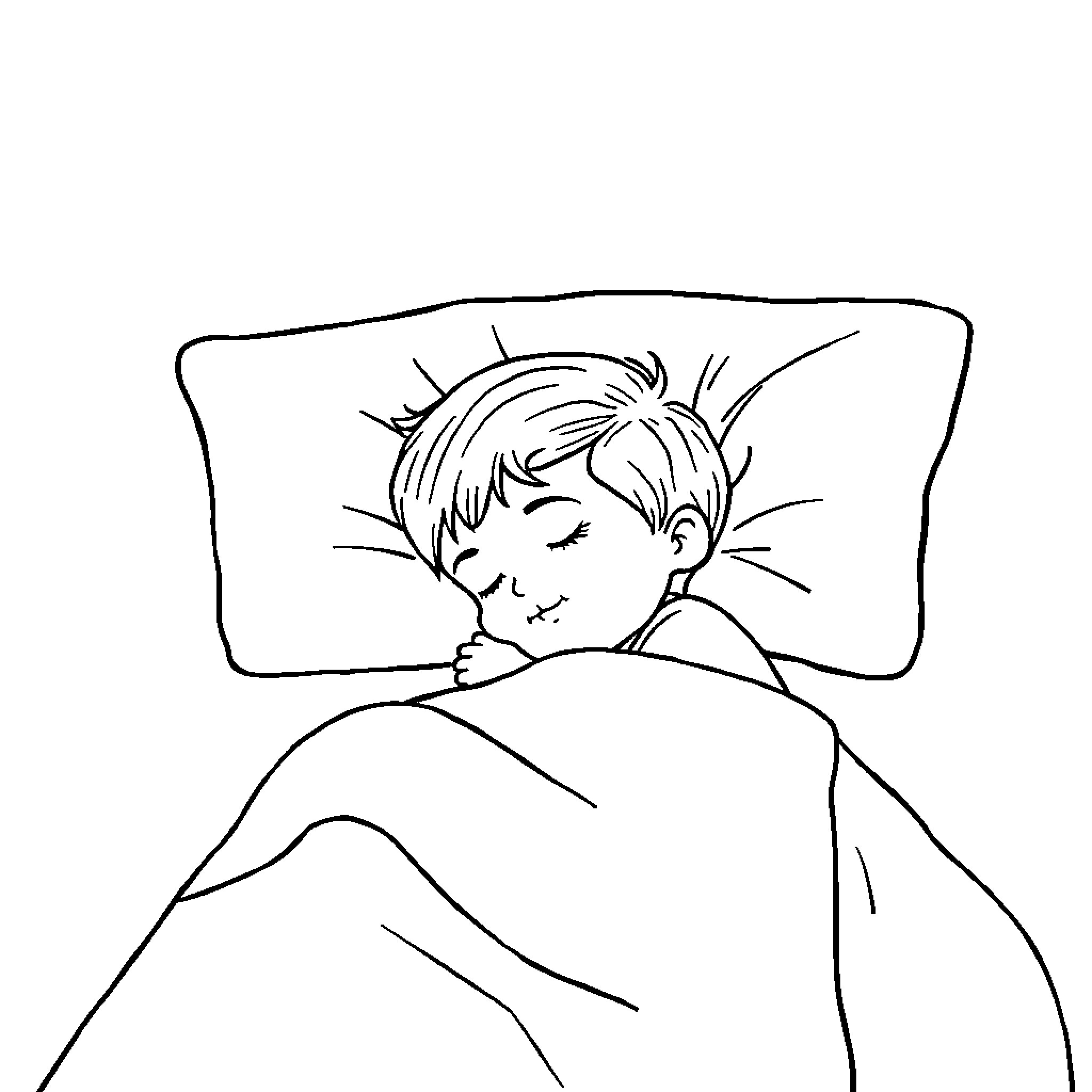 Child sleeping peacefully in bed Coloring Page (free black-and-white line drawing printable PDF for all, from beginners to advanced learners, including children, teens, adults, and seniors)