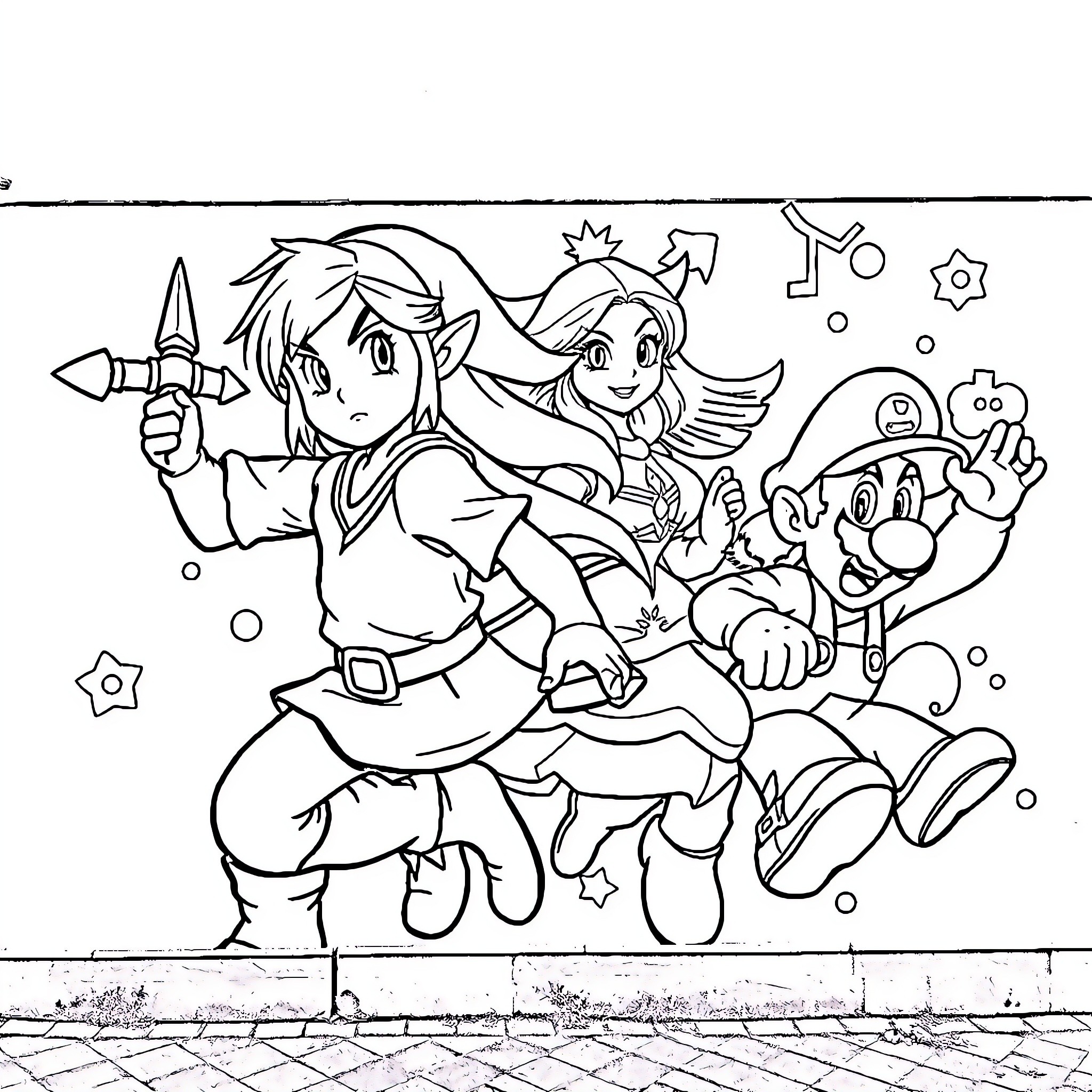 Game Character Adventure with Sword and Sidekick Coloring Page (free black-and-white line drawing printable PDF for all, from beginners to advanced learners, including children, teens, adults, and seniors)