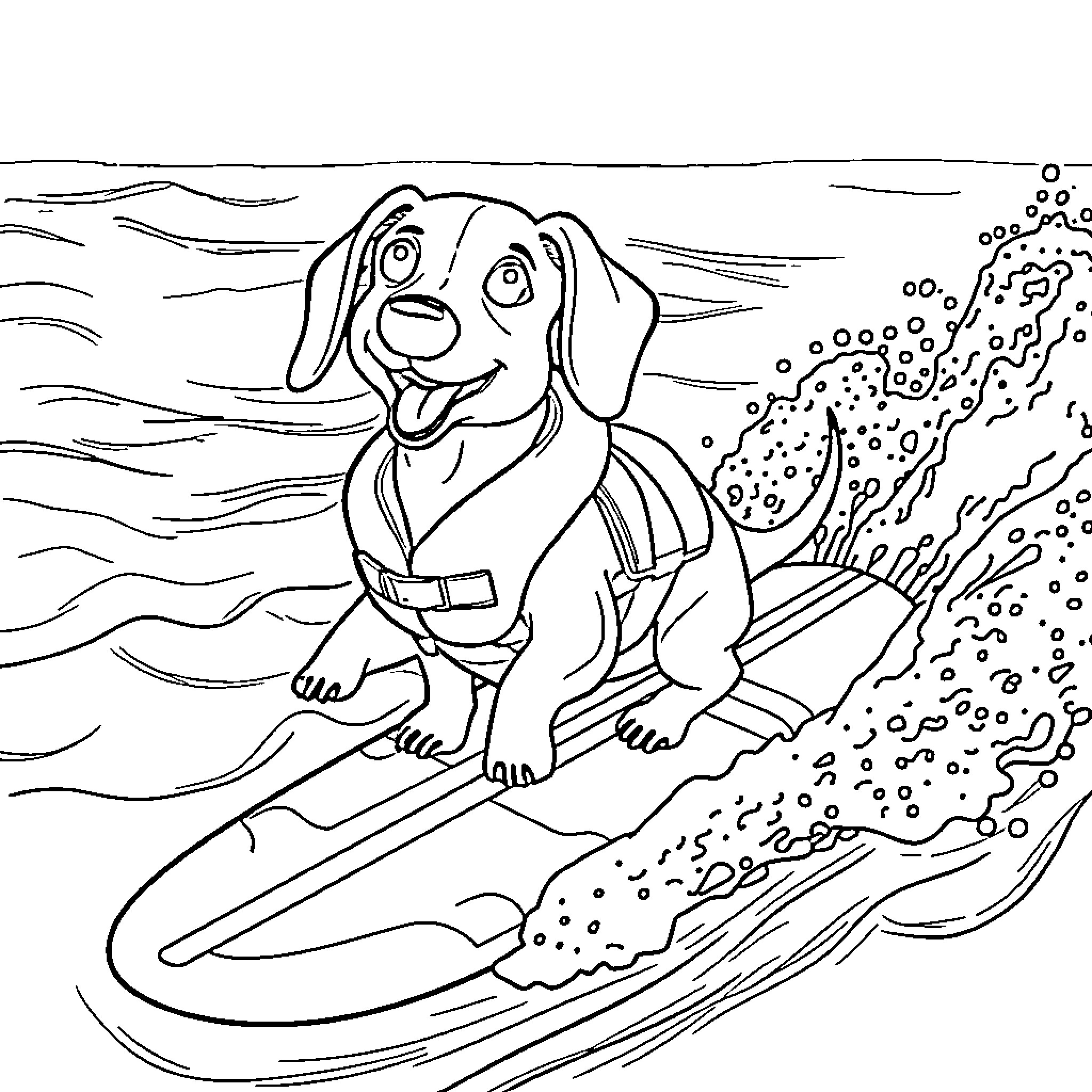 Sausage Dog Surfing in the Ocean Waves Coloring Page (free black-and-white line drawing printable PDF for all, from beginners to advanced learners, including children, teens, adults, and seniors)