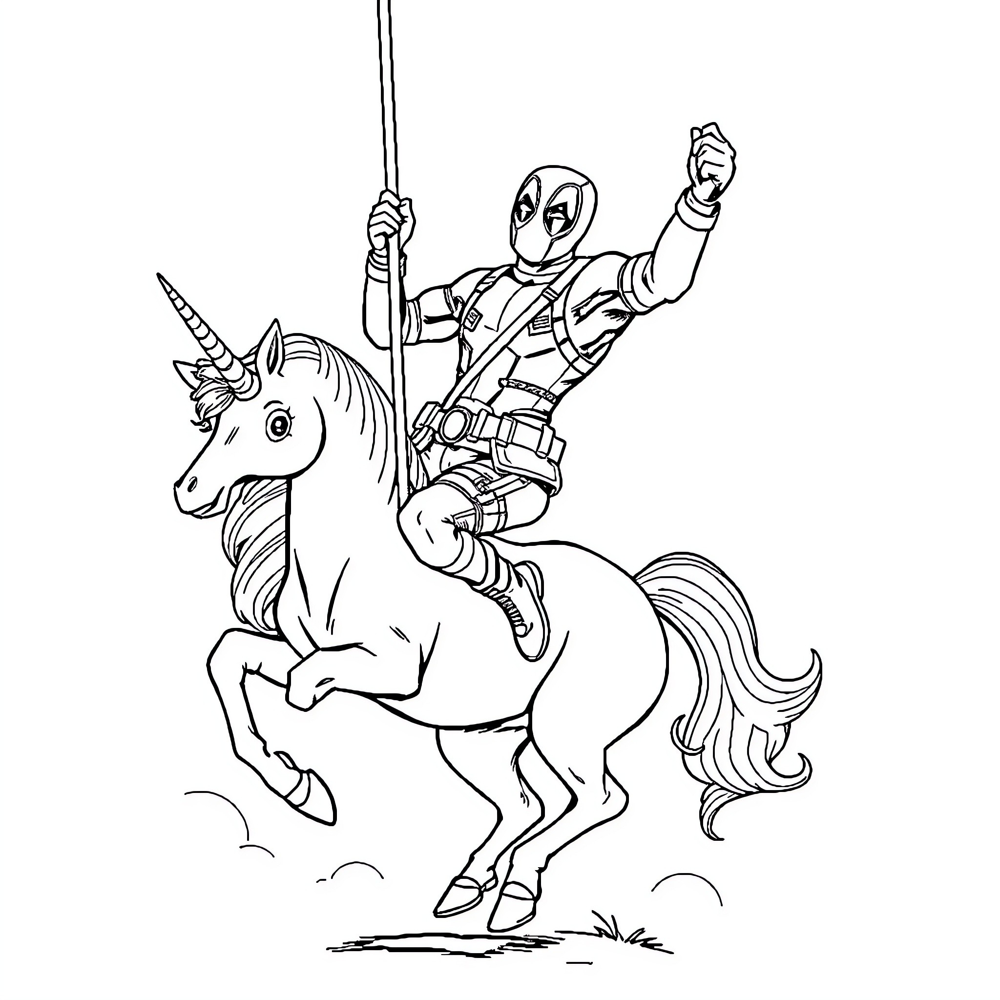 Deadpool's Unicorn Adventure Coloring Page (free black-and-white line drawing printable PDF for all, from beginners to advanced learners, including children, teens, adults, and seniors)