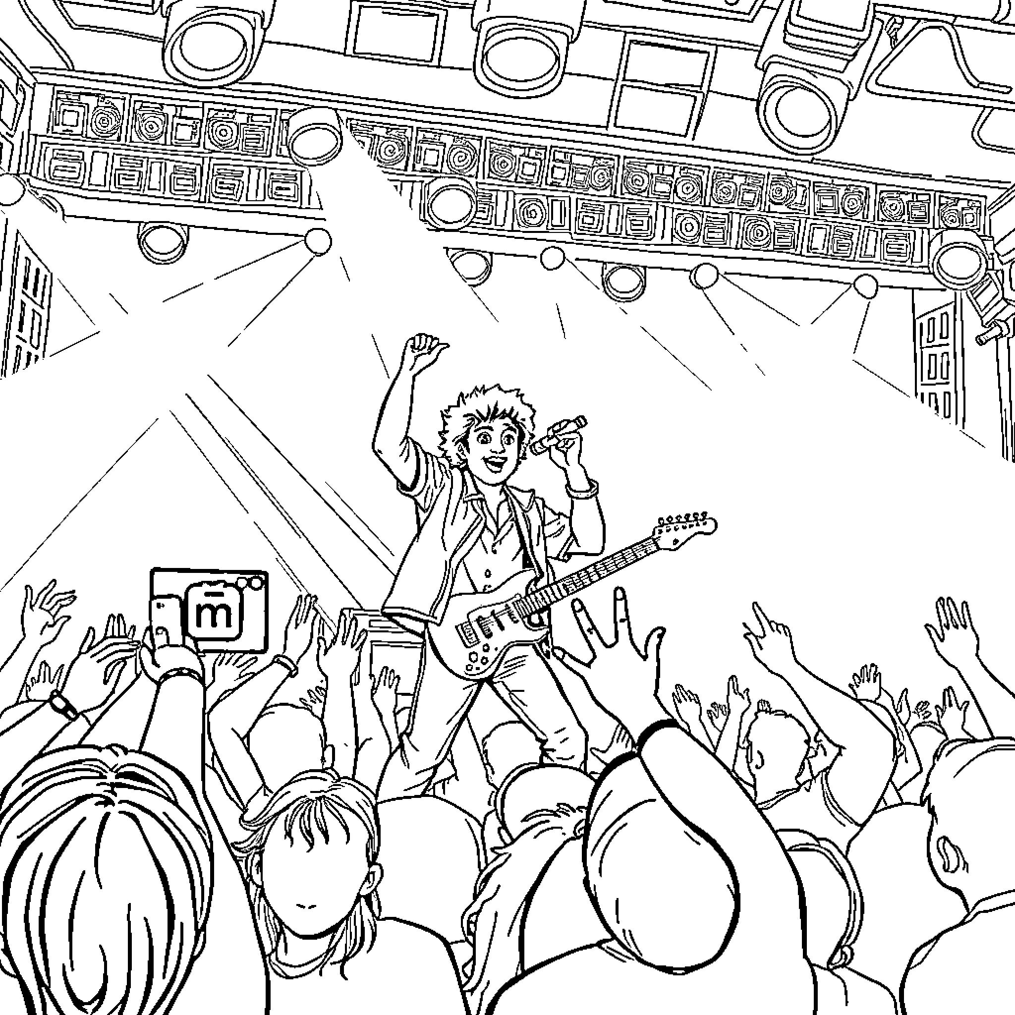 Rumi's energetic rock concert performance Coloring Page (free black-and-white line drawing printable PDF for all, from beginners to advanced learners, including children, teens, adults, and seniors)