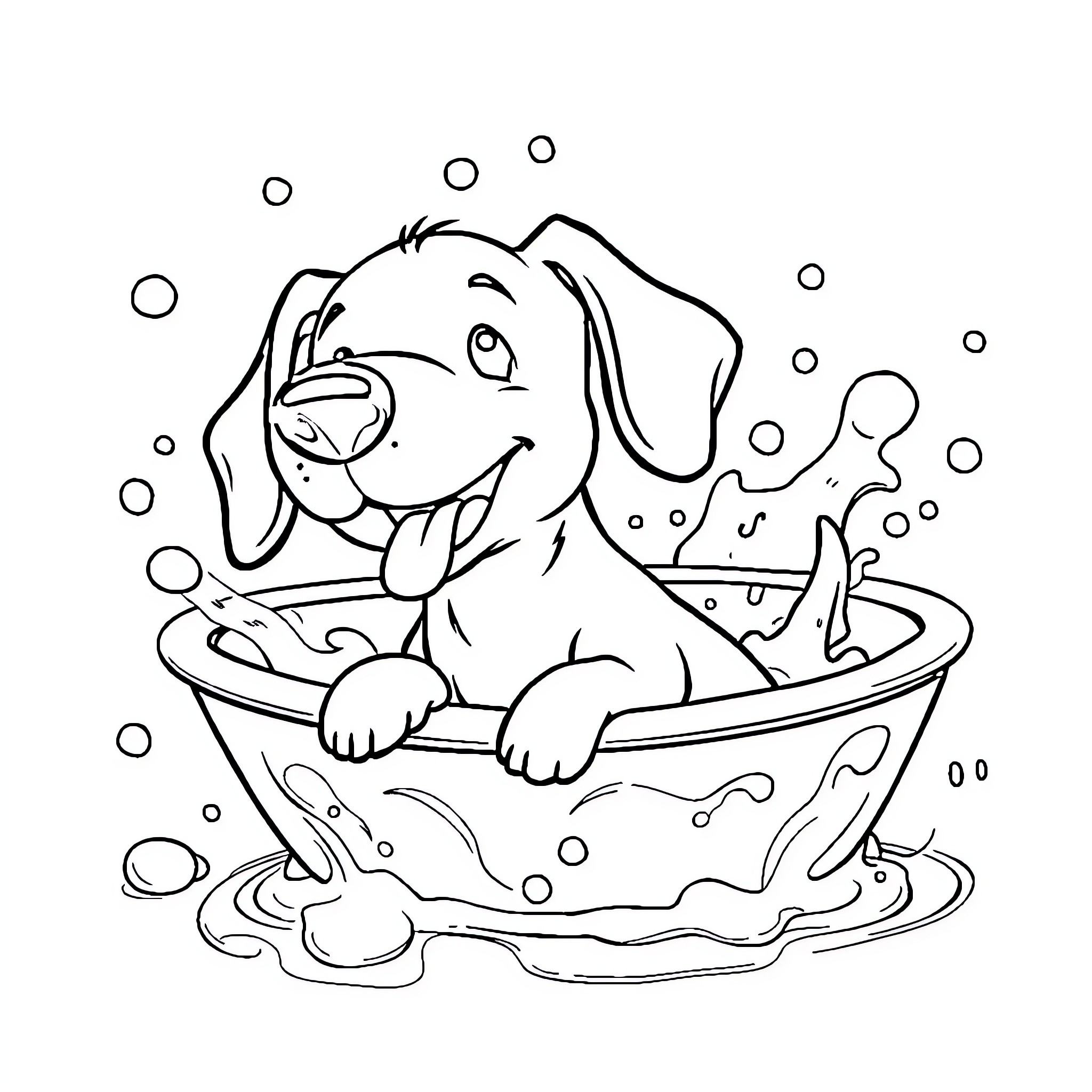 Sausage Dog enjoying a relaxing bath Coloring Page (free black-and-white line drawing printable PDF for all, from beginners to advanced learners, including children, teens, adults, and seniors)
