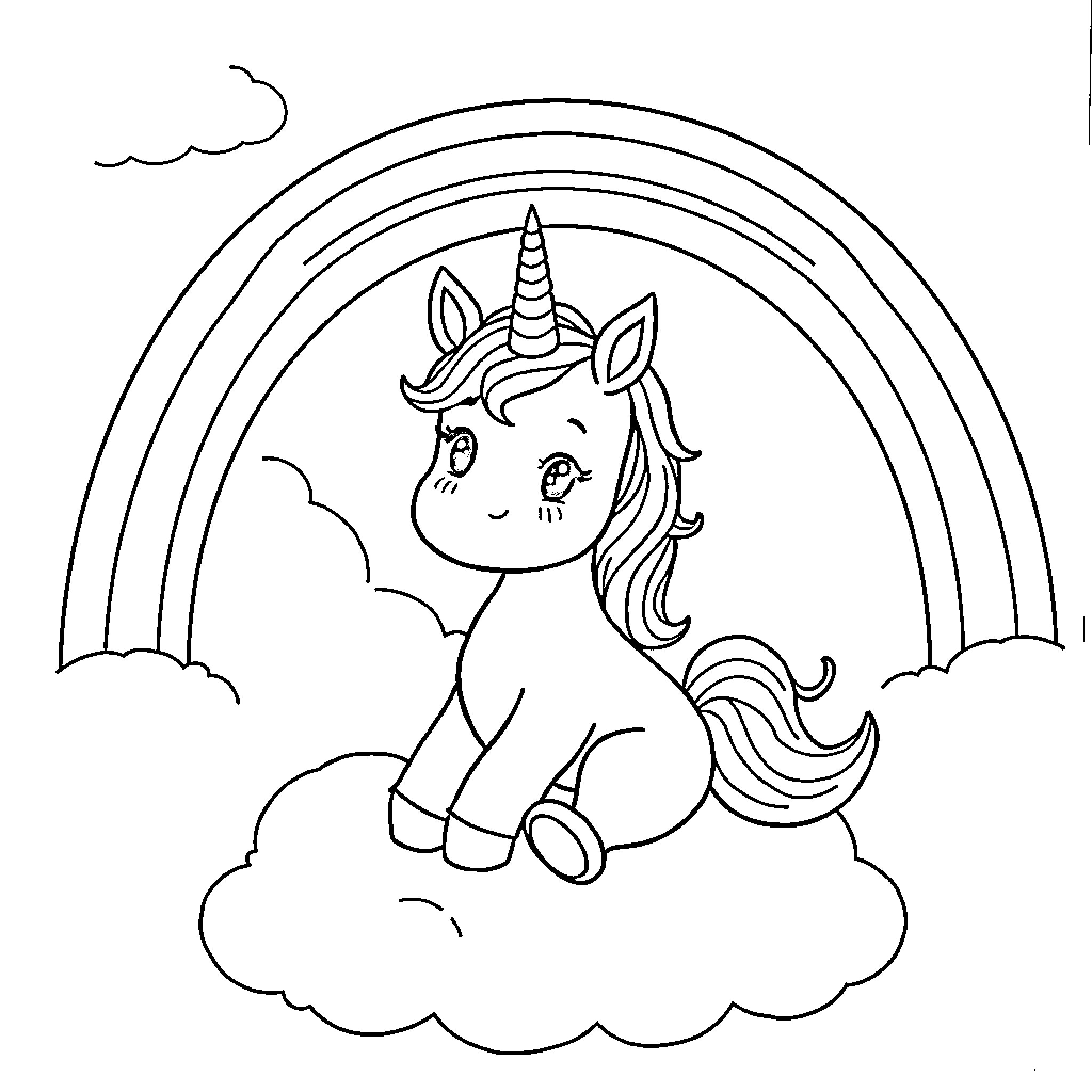 Unicorn relaxing on a cloud with rainbow Coloring Page (free black-and-white line drawing printable PDF for all, from beginners to advanced learners, including children, teens, adults, and seniors)
