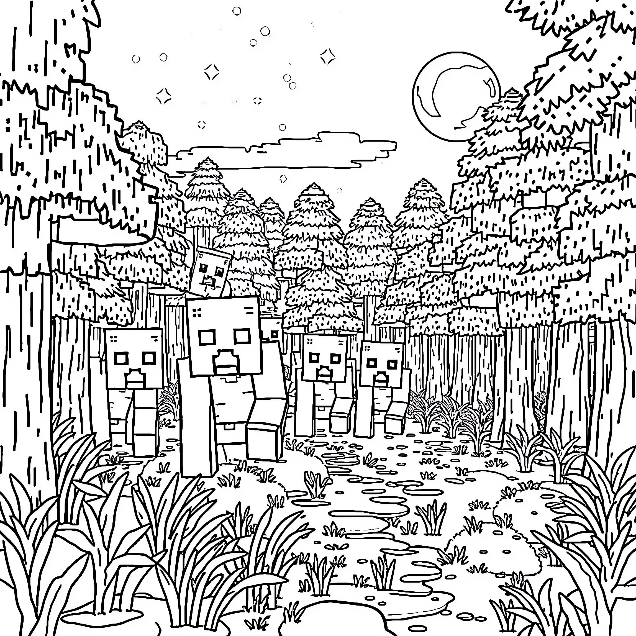 Mob in a Fantastical Landscape Coloring Page (free black-and-white line drawing printable PDF for all, from beginners to advanced learners, including children, teens, adults, and seniors)