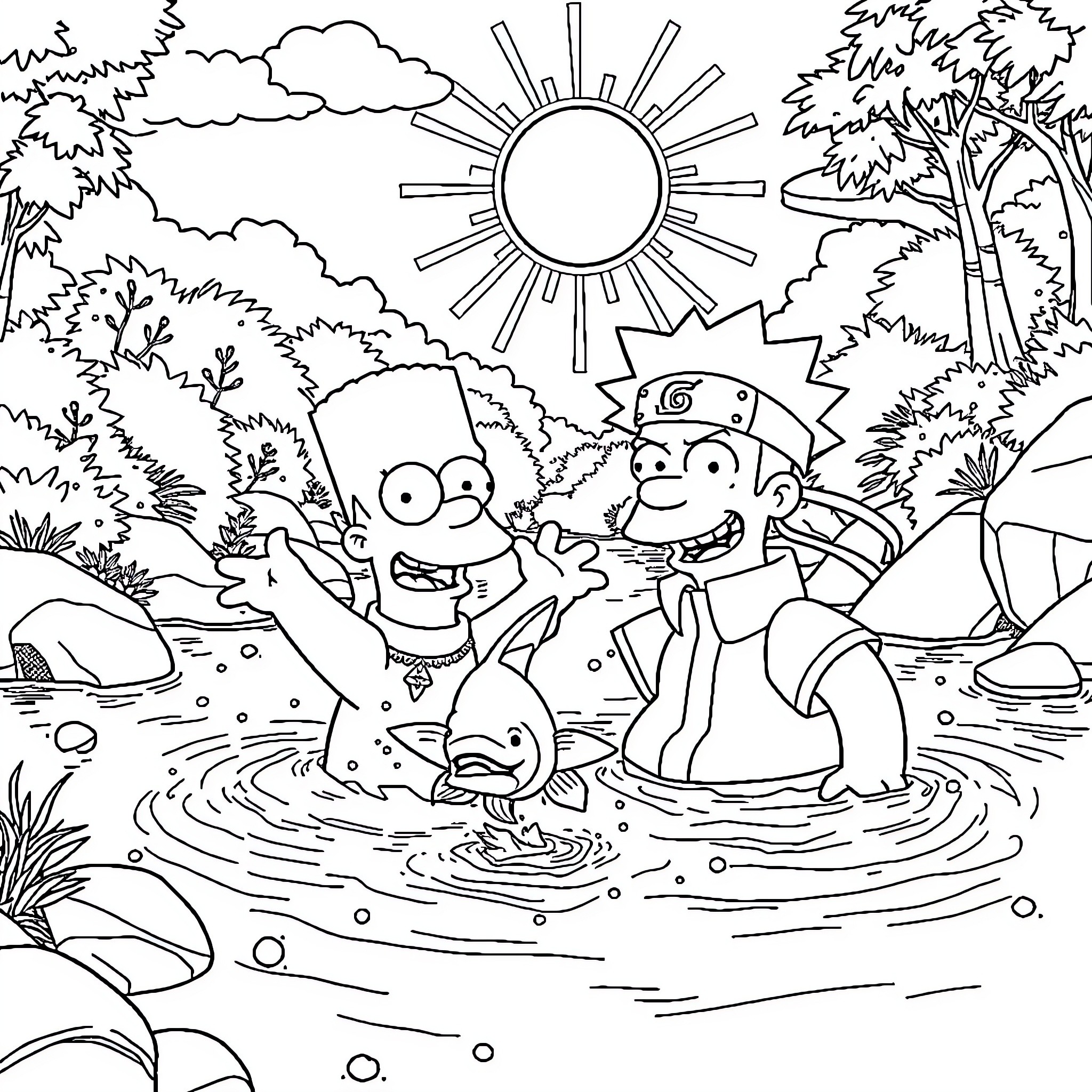 Homero Simpson enjoys a sunny day playing in the river Coloring Page (free black-and-white line drawing printable PDF for all, from beginners to advanced learners, including children, teens, adults, and seniors)