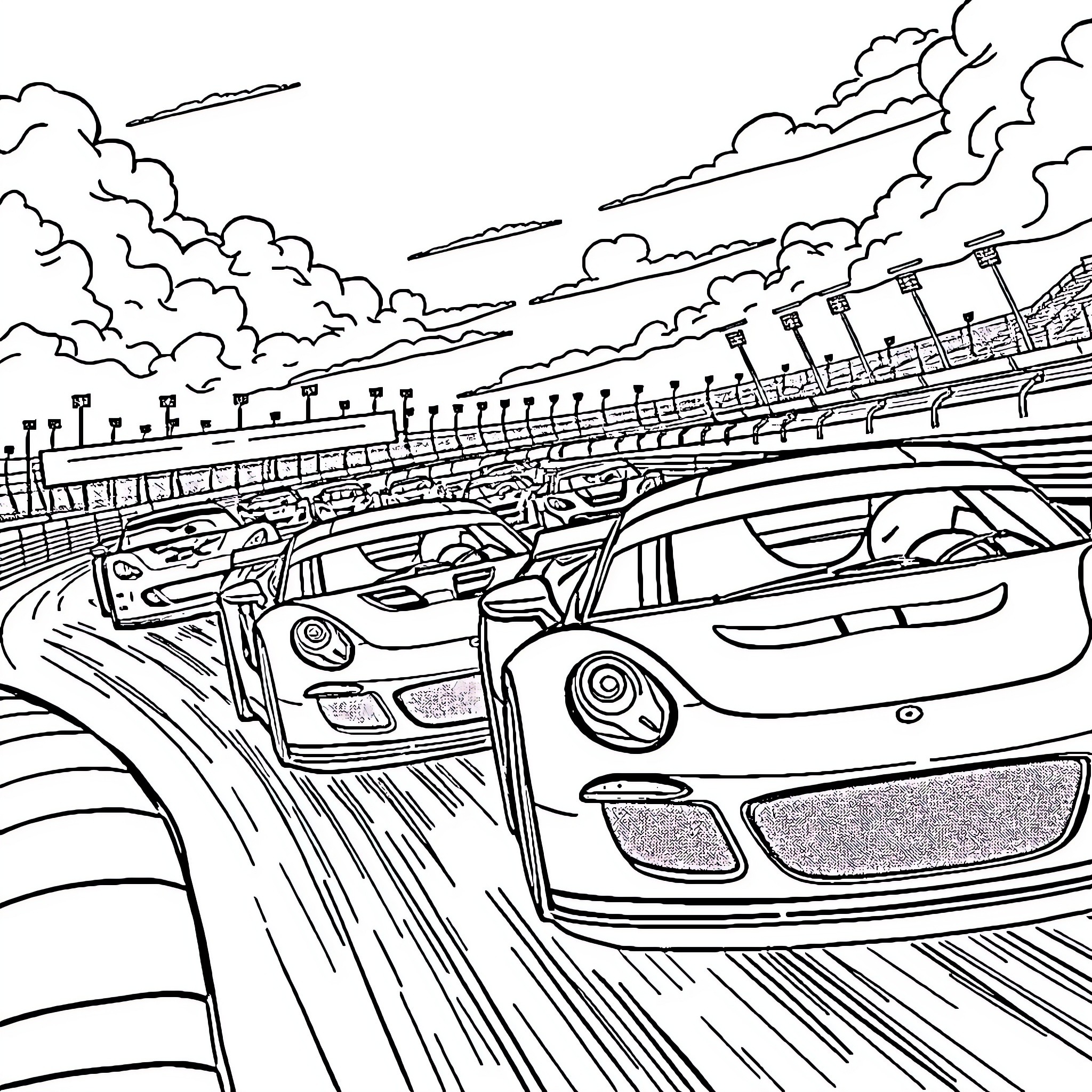 Car Race on Winding Track in Stormy Weather Coloring Page (free black-and-white line drawing printable PDF for all, from beginners to advanced learners, including children, teens, adults, and seniors)