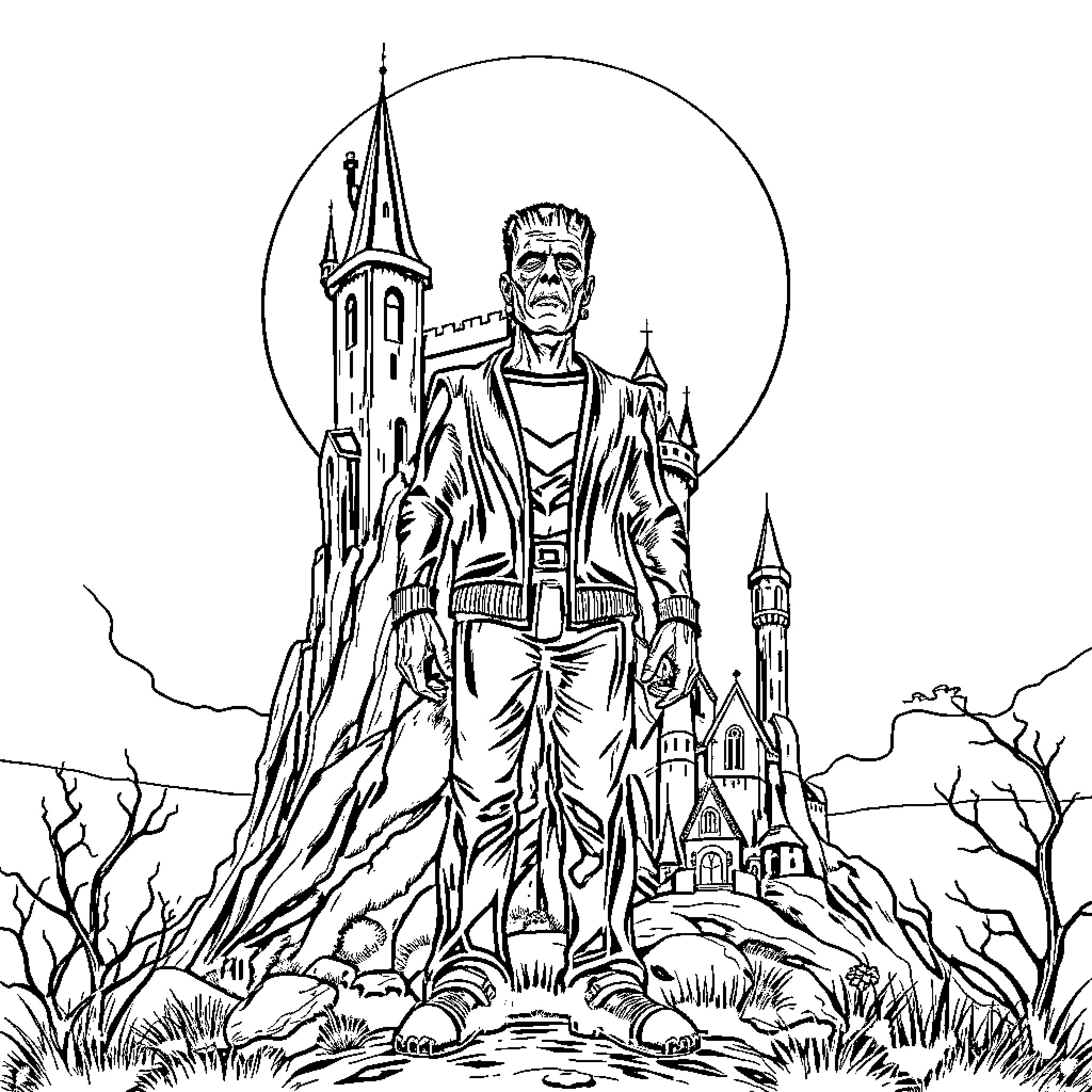 Frankenstein's Monster Stands Before Gothic Castle Coloring Page (free black-and-white line drawing printable PDF for all, from beginners to advanced learners, including children, teens, adults, and seniors)