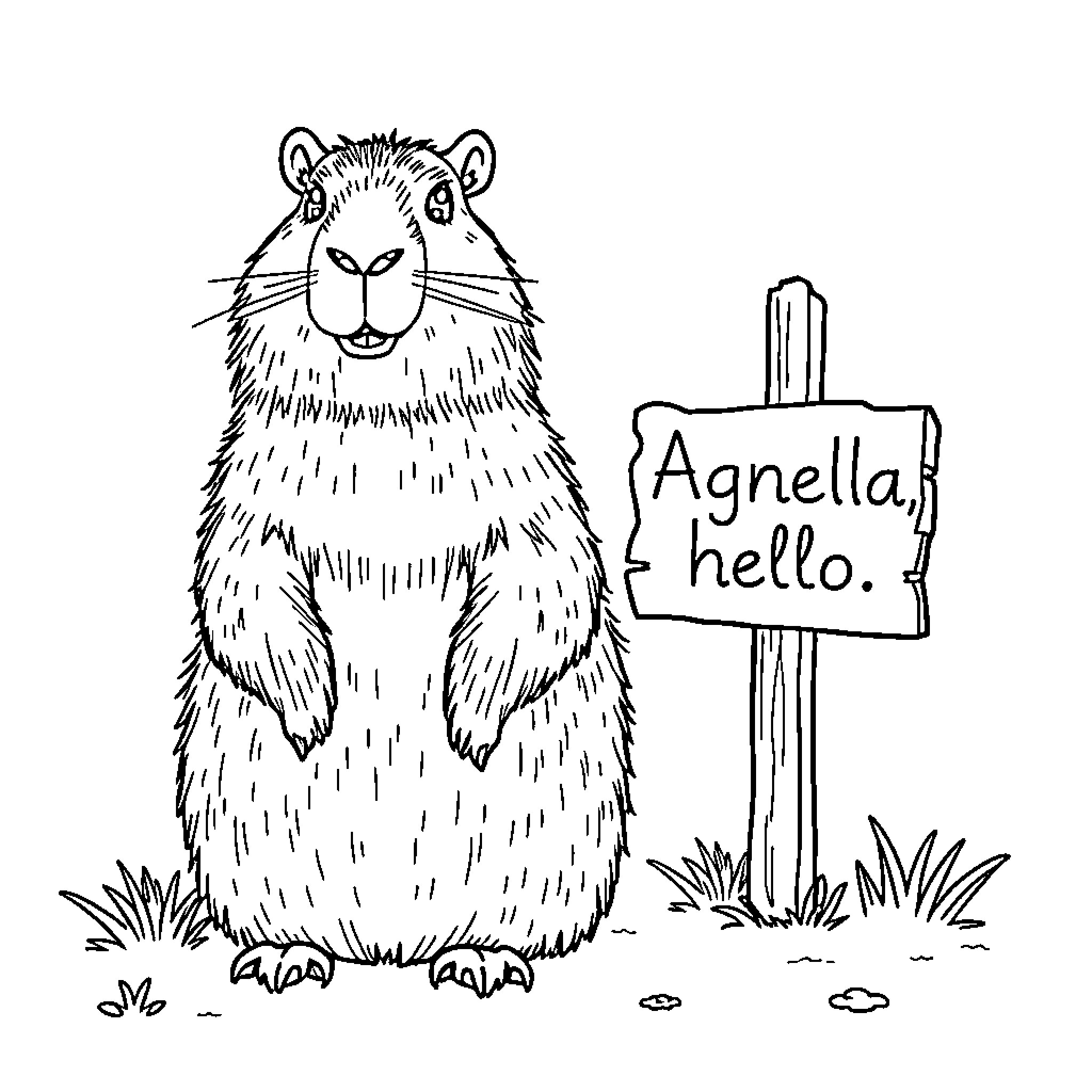 Capybara greeting with welcome sign Coloring Page (free black-and-white line drawing printable PDF for all, from beginners to advanced learners, including children, teens, adults, and seniors)