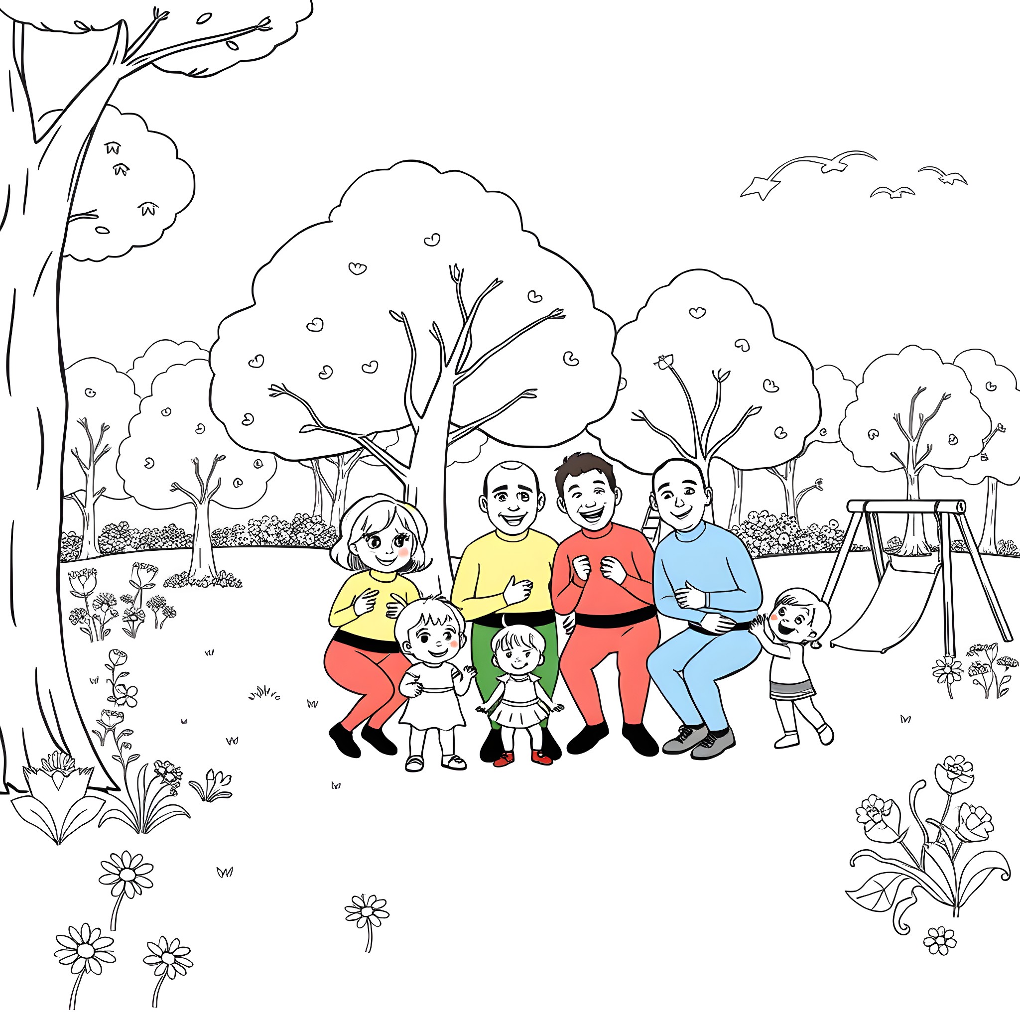 Wiggles and Giggles in the Enchanted Park Coloring Page (free black-and-white line drawing printable PDF for all, from beginners to advanced learners, including children, teens, adults, and seniors)