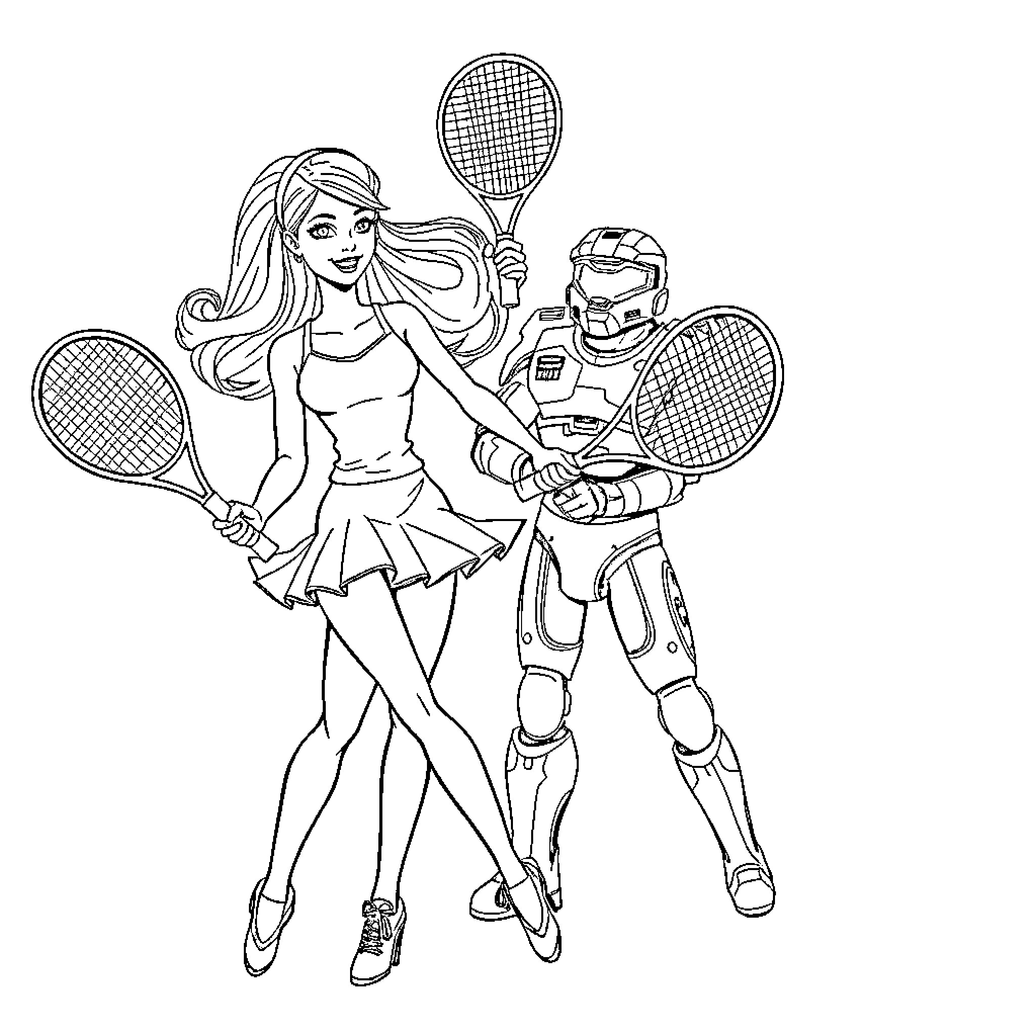 Barbie and Robot Play Tennis Together Coloring Page (free black-and-white line drawing printable PDF for all, from beginners to advanced learners, including children, teens, adults, and seniors)
