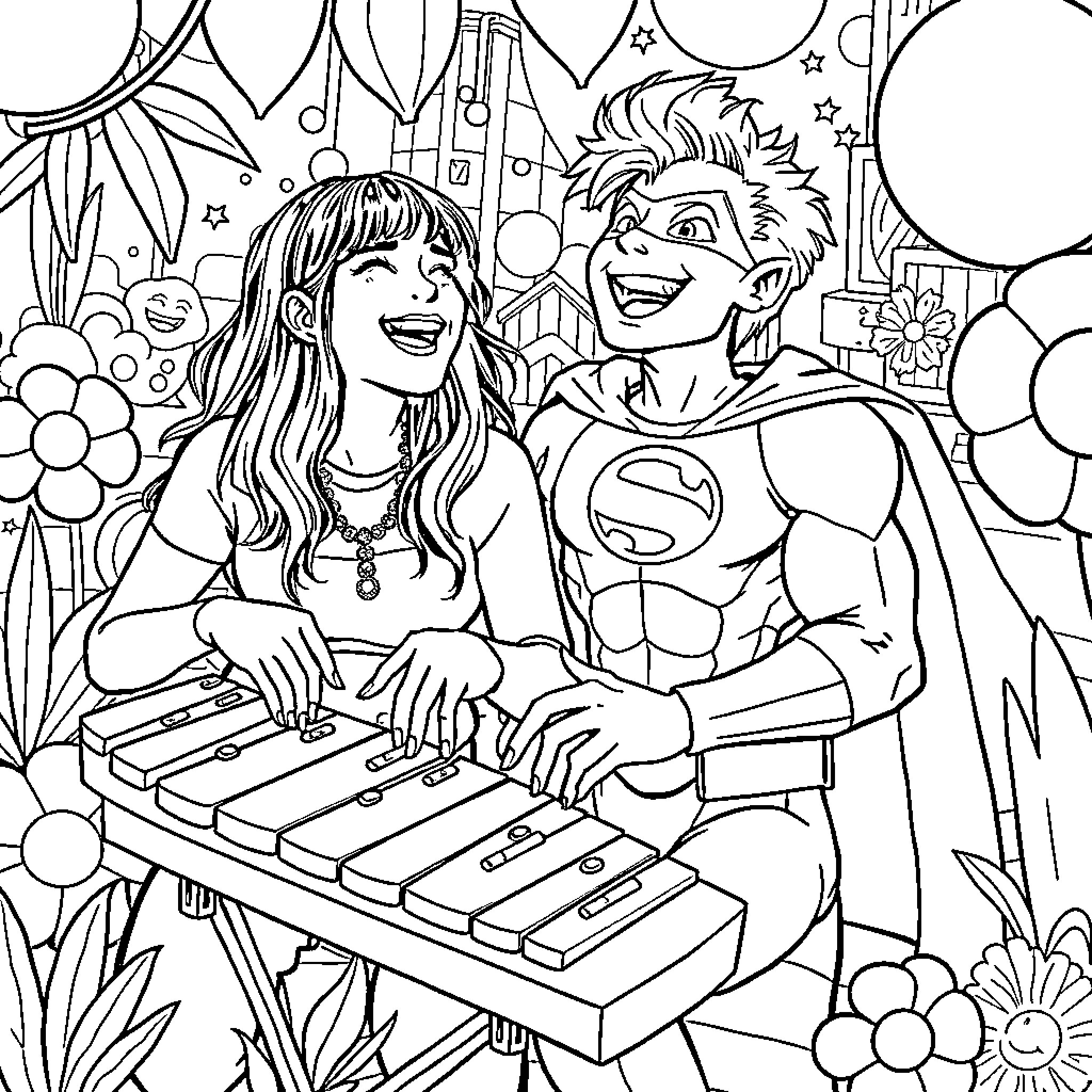 Billie Eilish and her friend enjoying music together Coloring Page (free black-and-white line drawing printable PDF for all, from beginners to advanced learners, including children, teens, adults, and seniors)