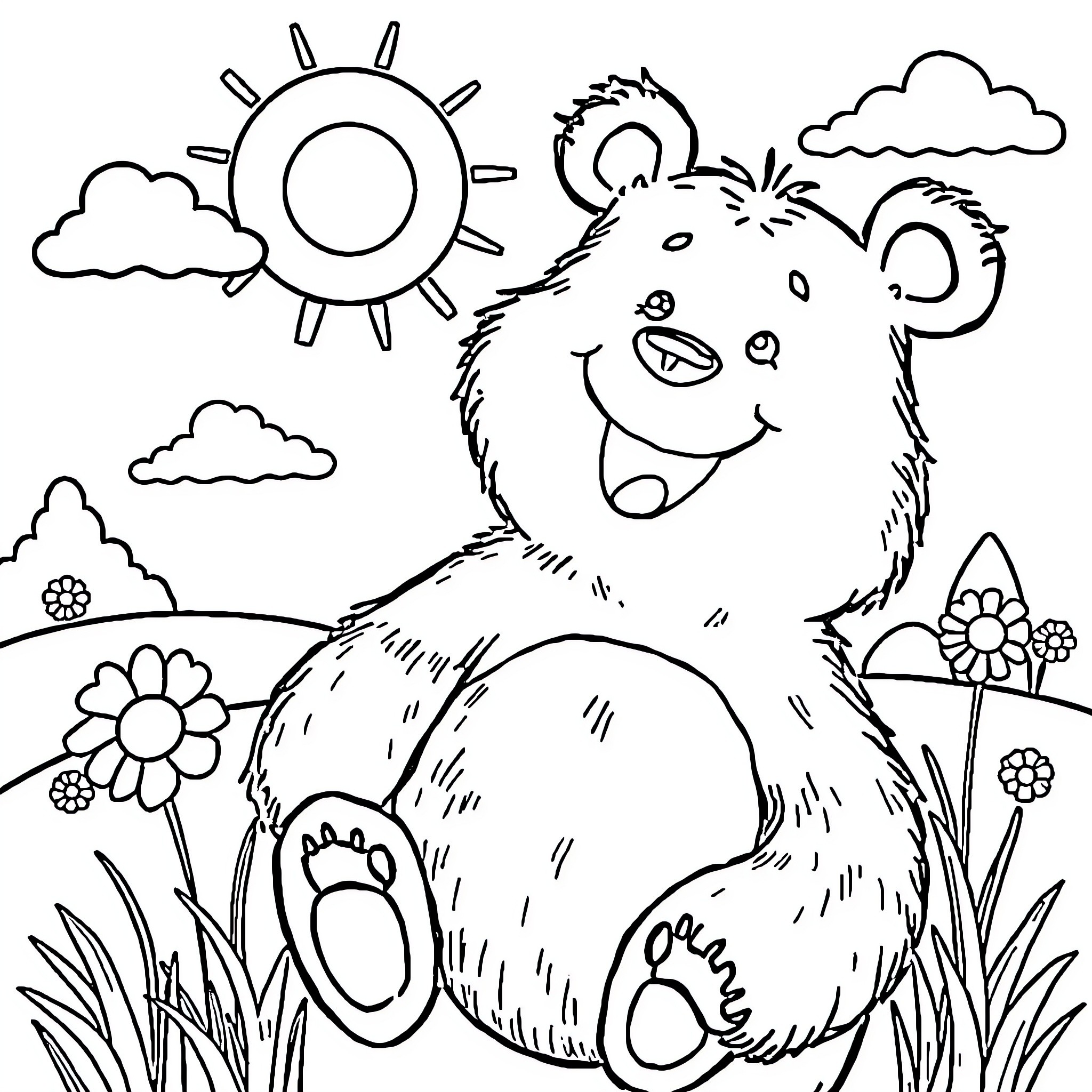Bear frolicking in the sunny meadow Coloring Page (free black-and-white line drawing printable PDF for all, from beginners to advanced learners, including children, teens, adults, and seniors)