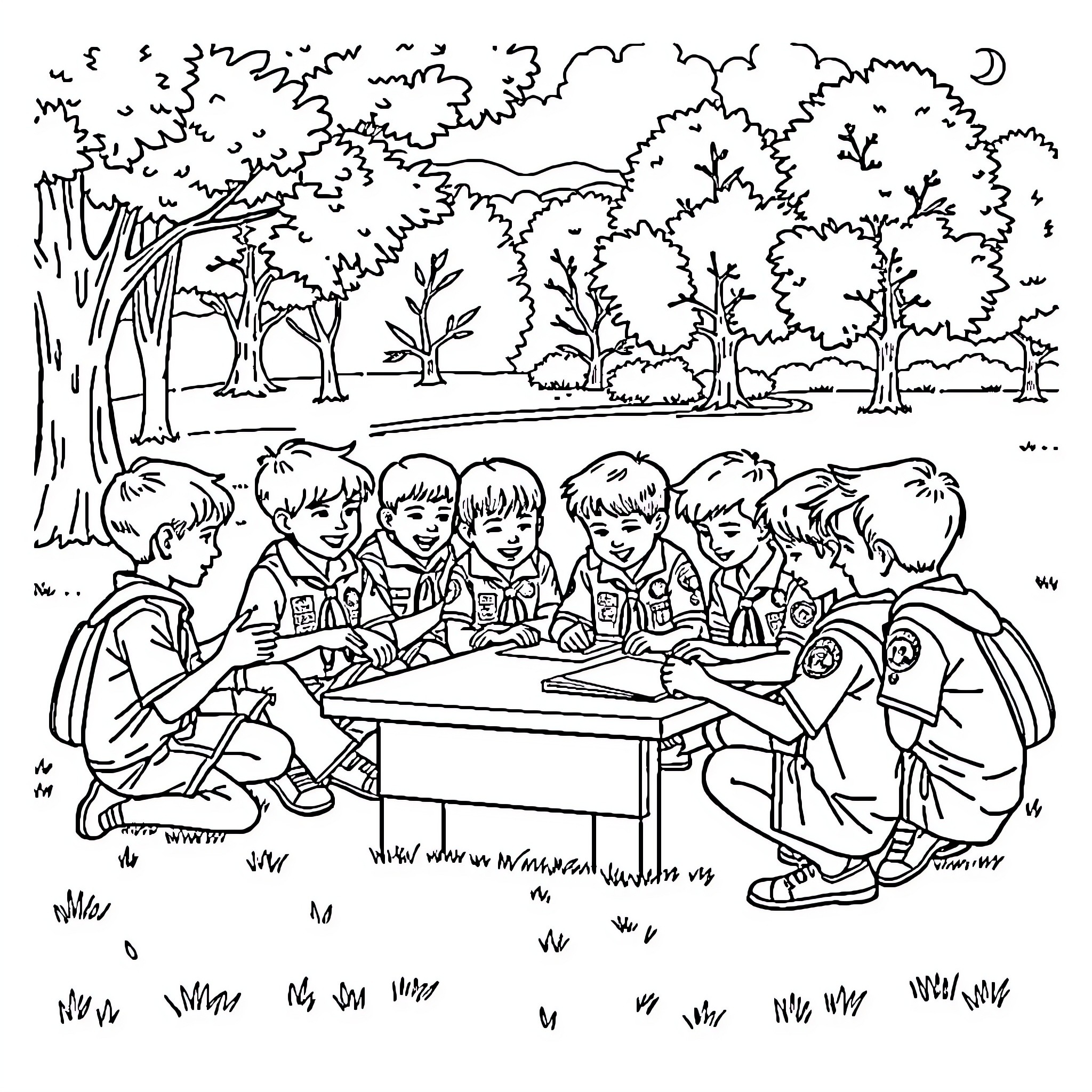 Cub Scouts enjoying outdoor activities together Coloring Page (free black-and-white line drawing printable PDF for all, from beginners to advanced learners, including children, teens, adults, and seniors)