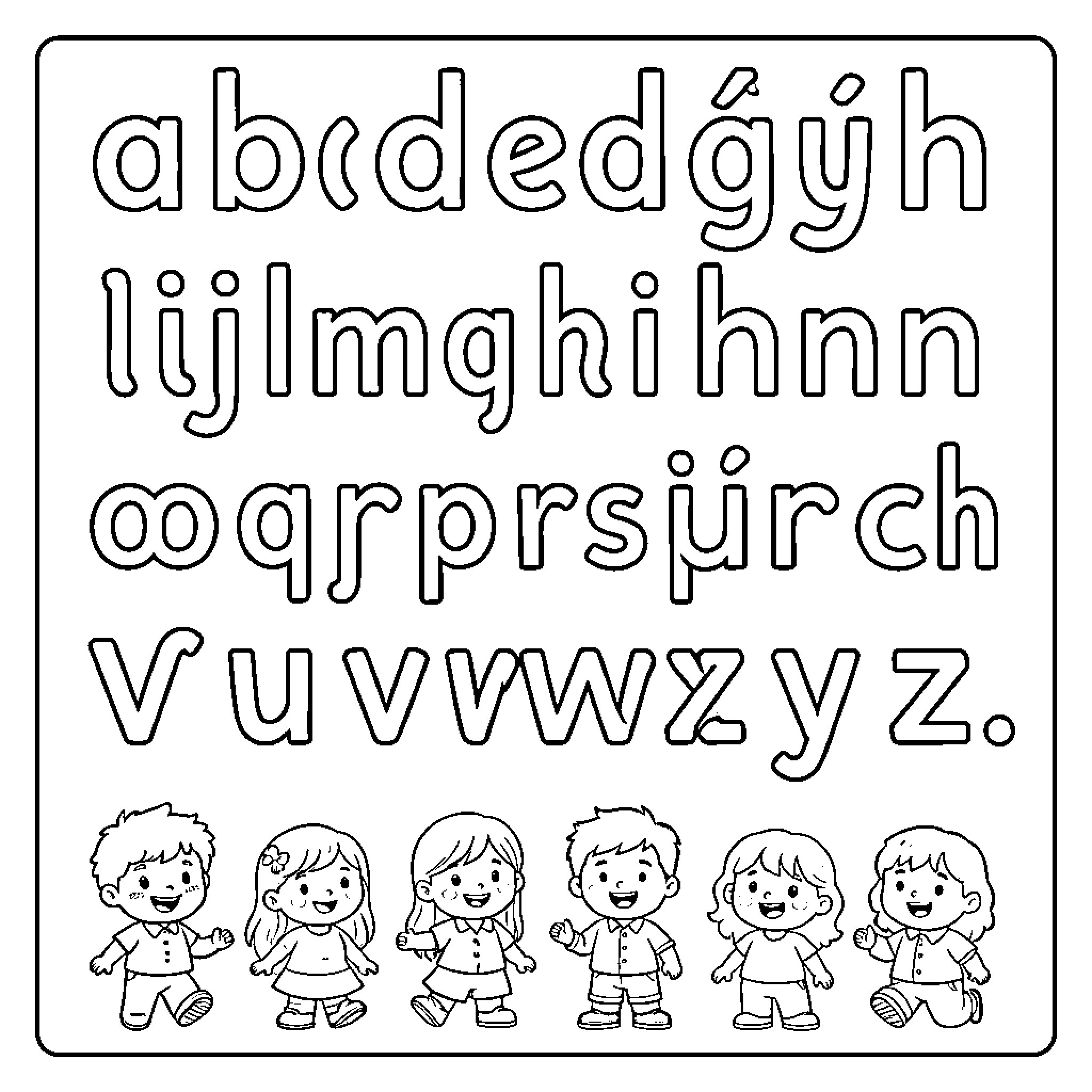 Alphabet of Cartoon Characters Coloring Page (free black-and-white line drawing printable PDF for all, from beginners to advanced learners, including children, teens, adults, and seniors)